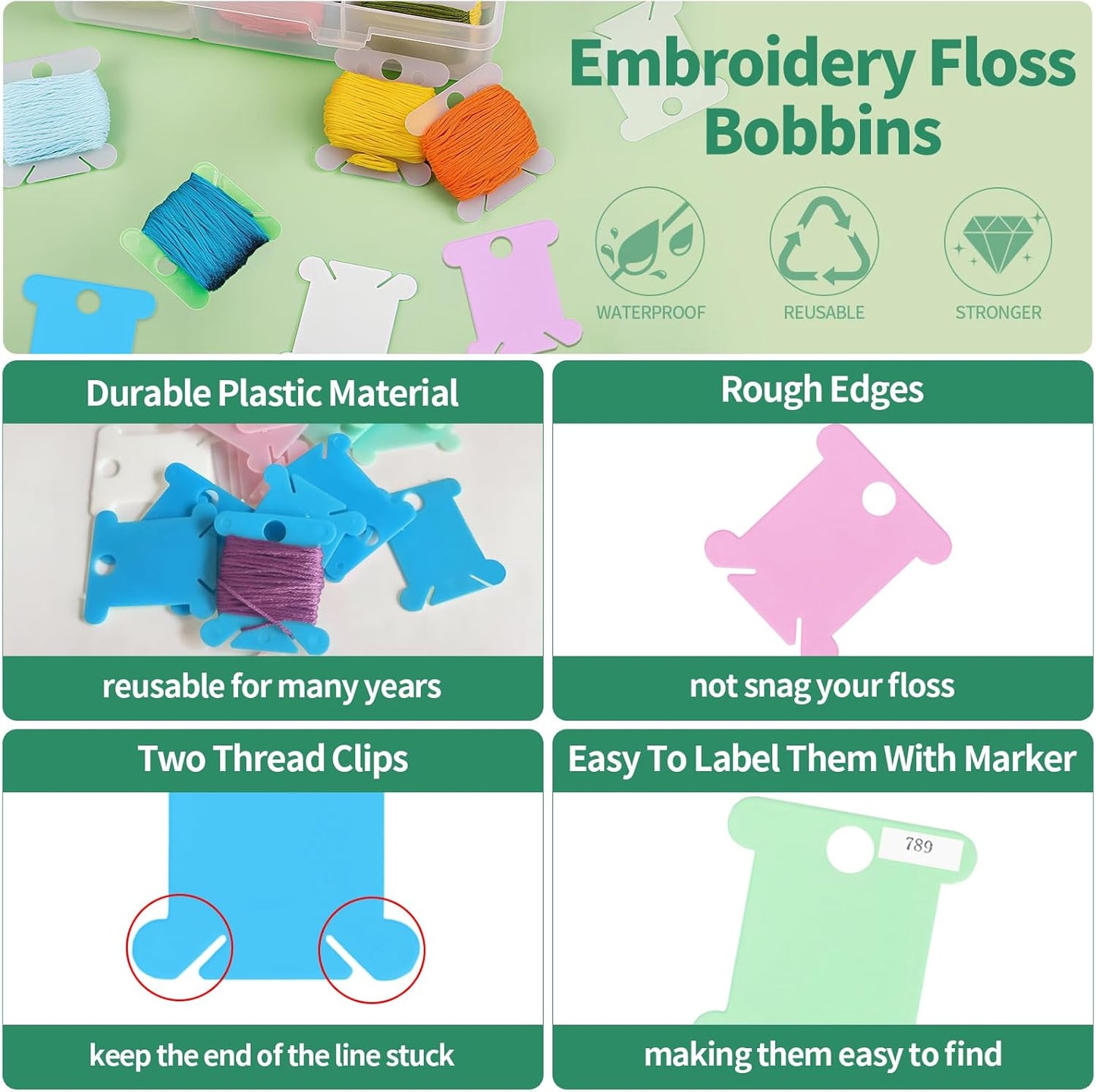 Yuahar 265Pcs Embroidery Floss Organizer Kit, 2 Removable 24-Grid Thread Storage Boxes with 250 Plastic Bobbins, 2 Bobbin Winders and Stickers for DIY Cross Stitch Needlework Thread Sewing