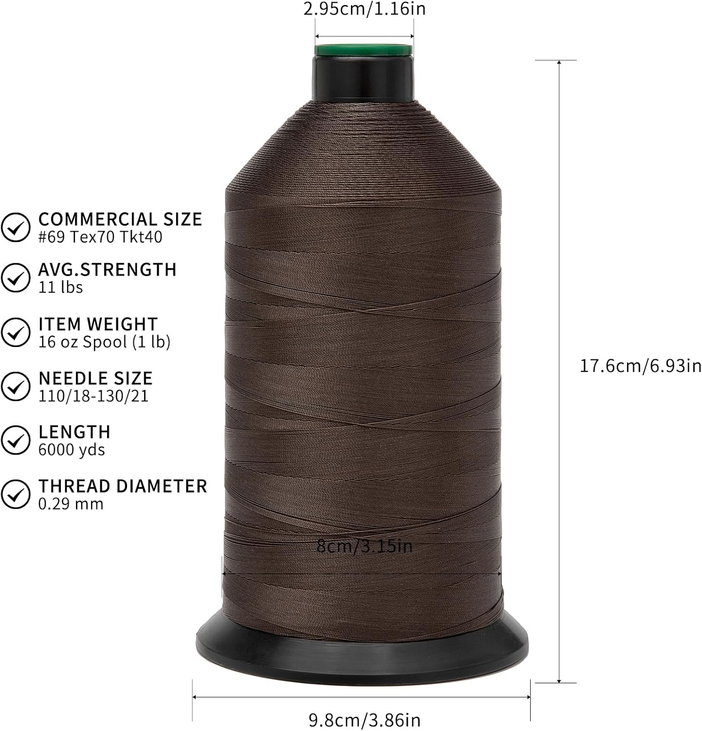 Extra Strong Bonded Nylon Thread #69 Tex70 – 16 OZ, 6000yds, Versatile Stitching Solution for Leather, Upholstery, Canvas Repair and More (Coffee)