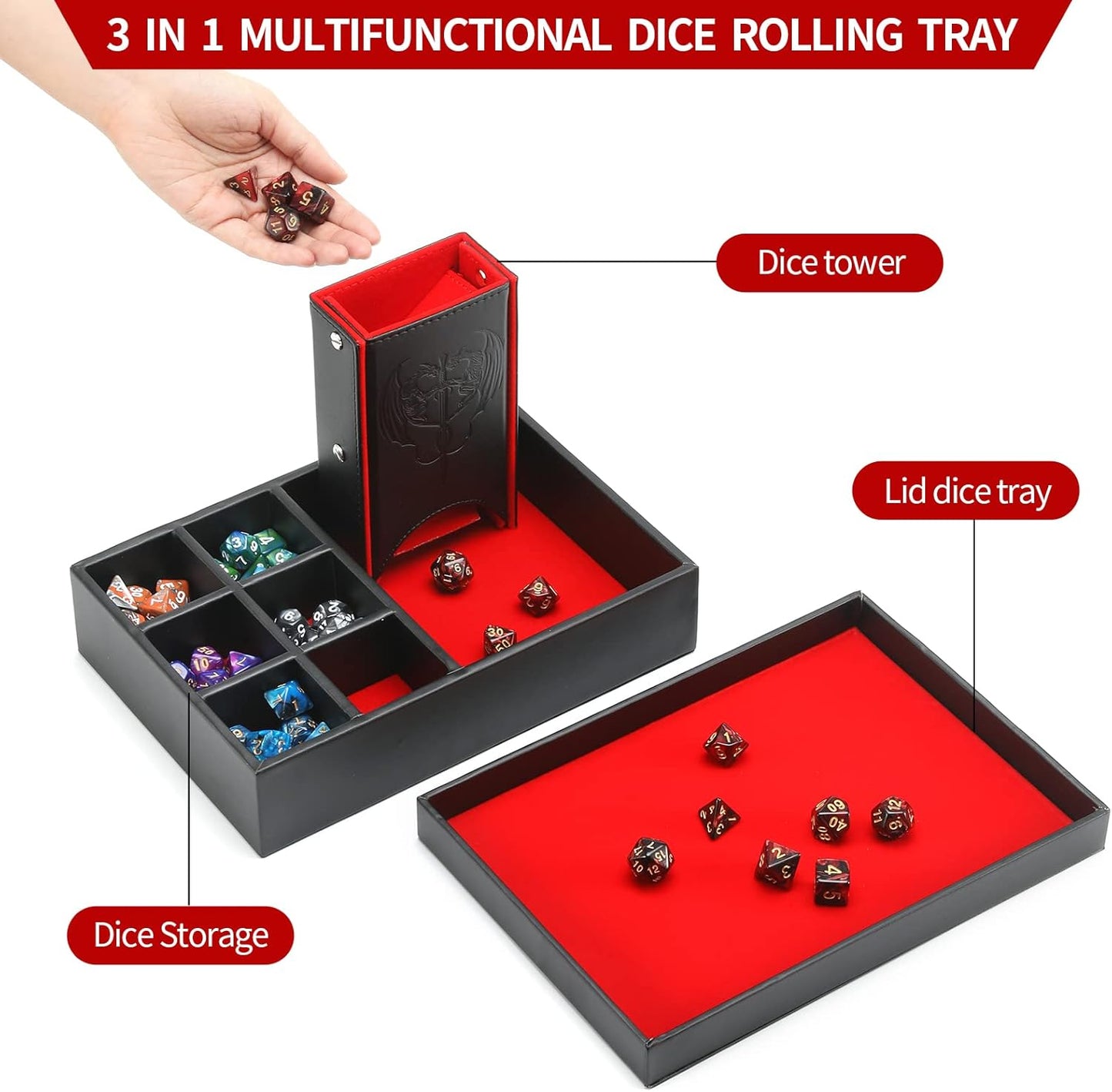 DND Dice Tray and Tower: Portable Dice Storage with Lid for Dungeons and Dragons, D&D, RPG, MTG & Table Games (Red)