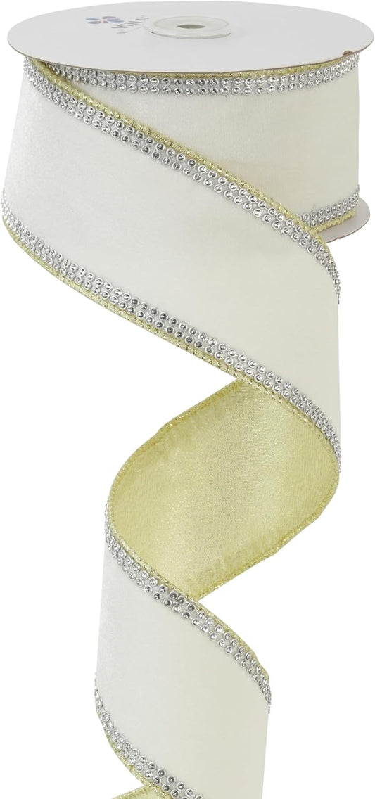 MEEDEE Gold & White Velvet with Rhinstone Edge Wired Ribbon 2.5 Inch Luxury Jeweled Ribbon 5 Yards Sparkling Rhinestone Trim for Christmas Tree, Garland, Wreaths, Holiday Home Decor, Wedding Decor