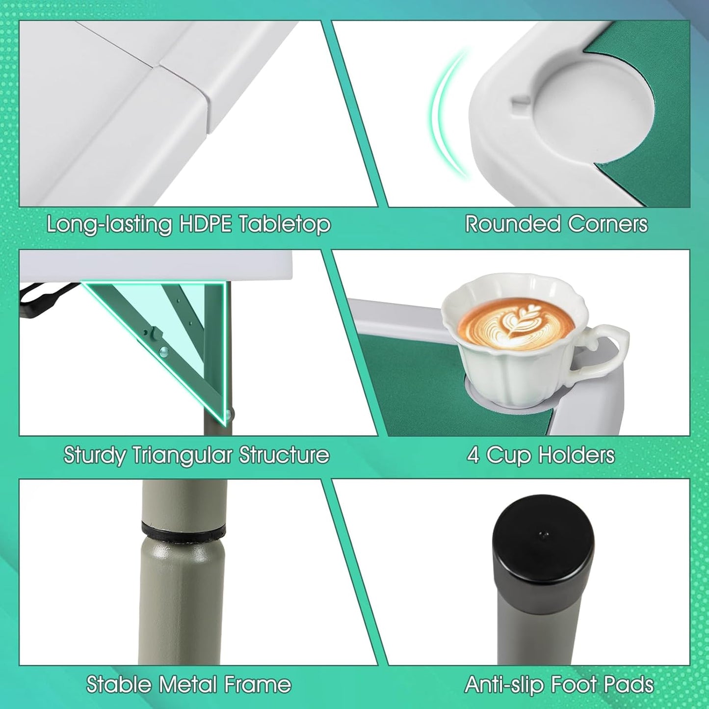 Giantex Folding Mahjong Table, 35" Square Card Table with Cup Holders, Removable Noise Reduction Mat, HDPE Tabletop, 4-Player Portable Domino Tables for Poker Blackjack Board Game (Pure Green)