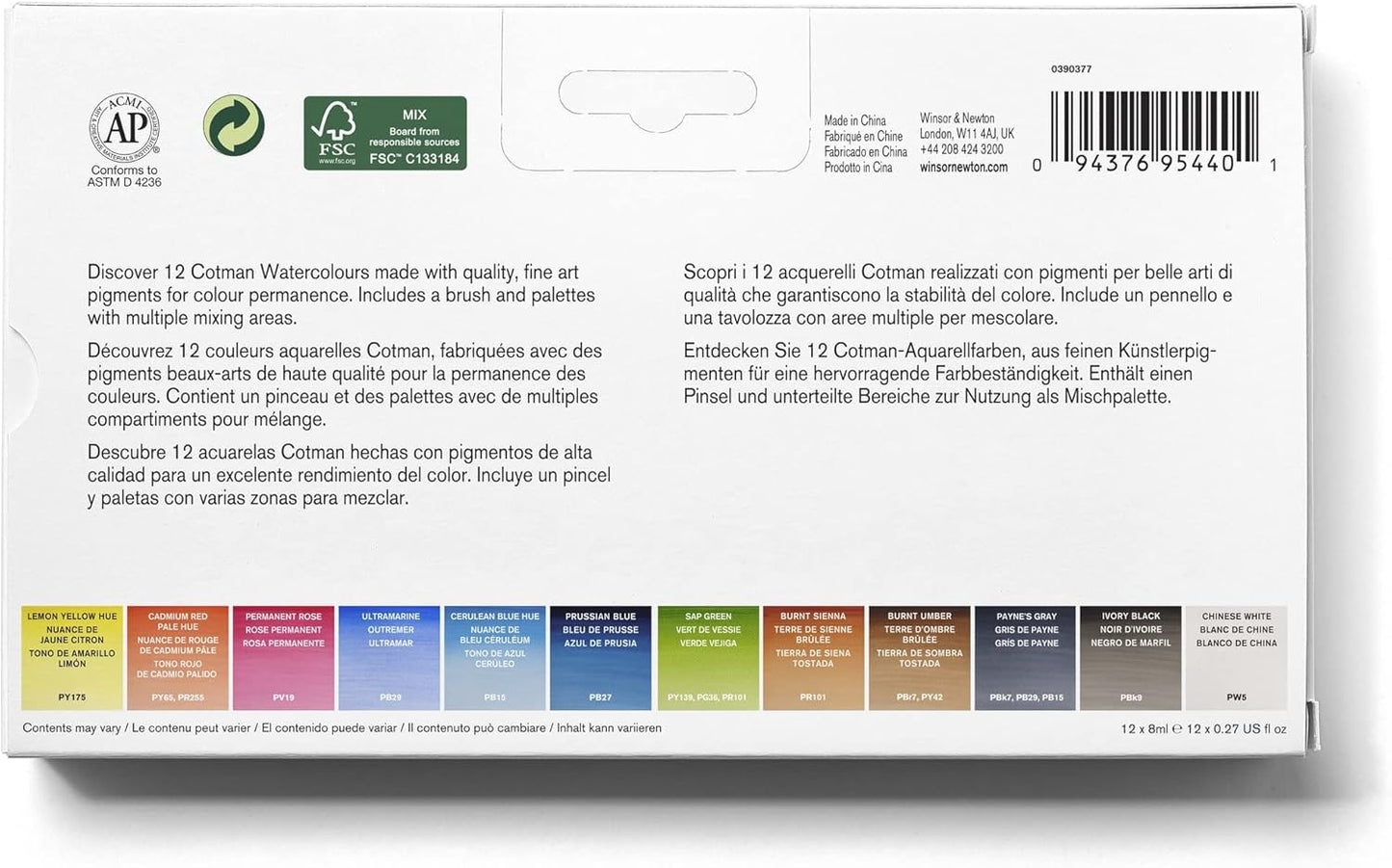 Winsor & Newton Cotman Watercolor Paint Set, 12 Colors, 8ml (0.27-oz) Tubes w/ Brush