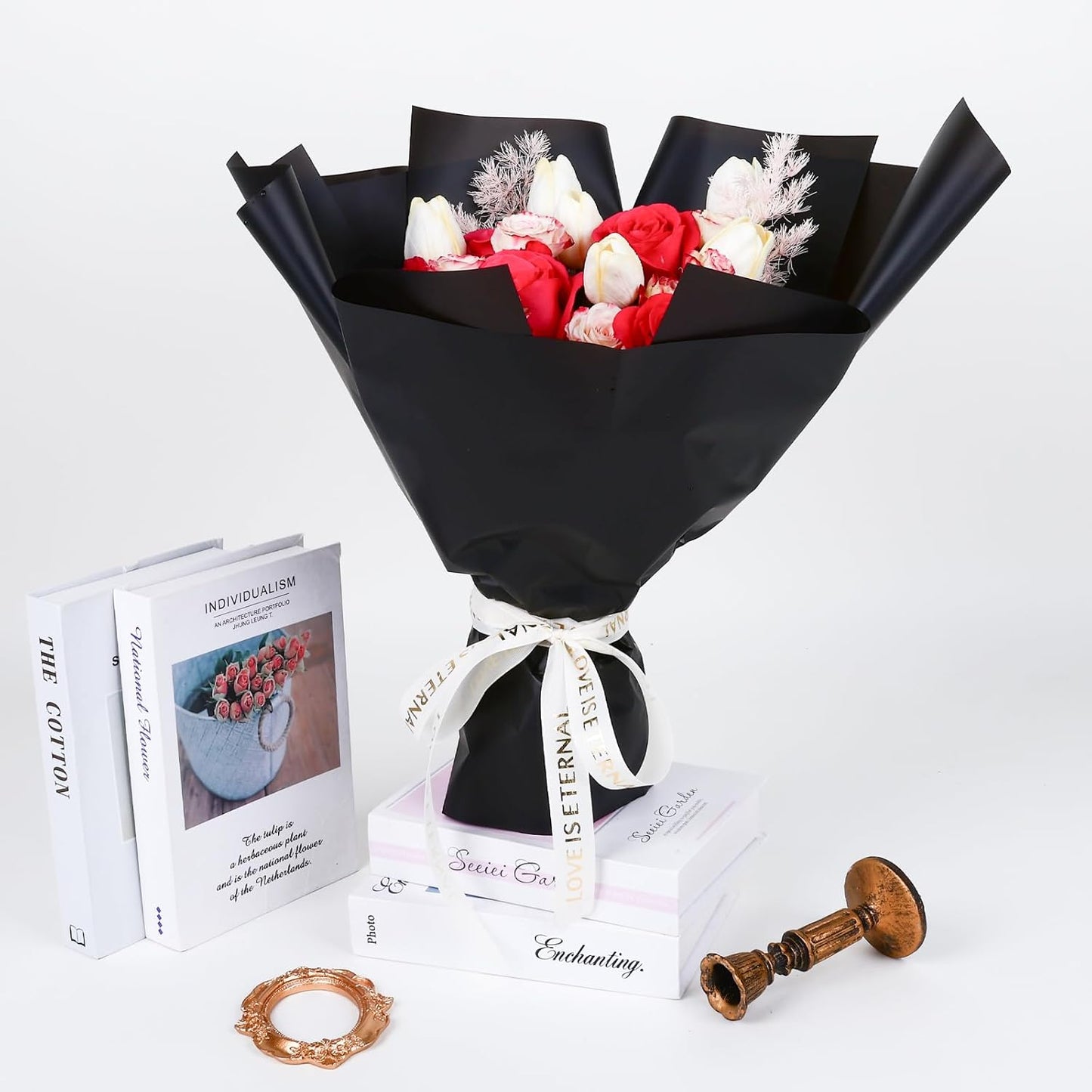 FUHITIM 20 Sheets Flower Wrapping Paper - Waterproof Floral Bouquet Packaging Paper for DIY Crafts，Florist Supplies Packaging Paper for Wedding Birthday Gift (Misty Black)