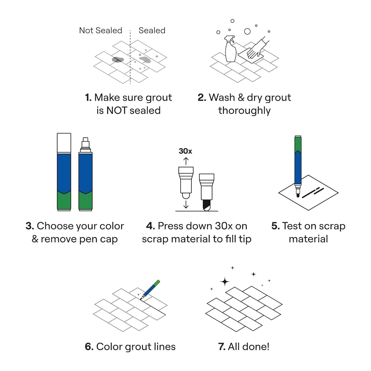 Grout Pen White Tile Grout Paint Marker: Waterproof Tile Grout Colorant and Sealer Pens for Cleaner Looking Floors & Whitener Without Bleach - Narrow 5mm, 2 Pack with Extra Tips (7mL) - White