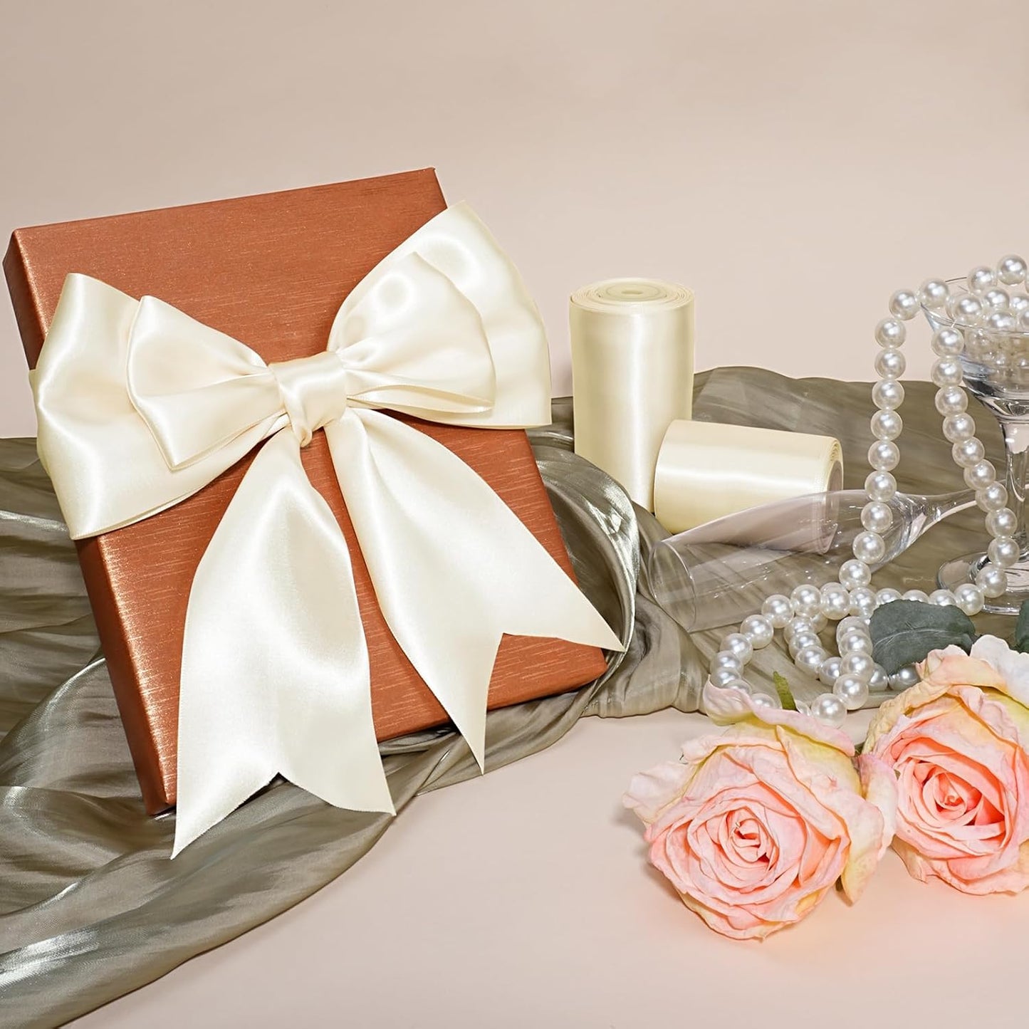 LaRibbons Ivory Satin Ribbon 3 Inch 10 Yards Double Faced Luxury White Cream Silk Ribbon for Gift Wrapping Flower Bouquets Bow Christmas Wedding Party Decoration