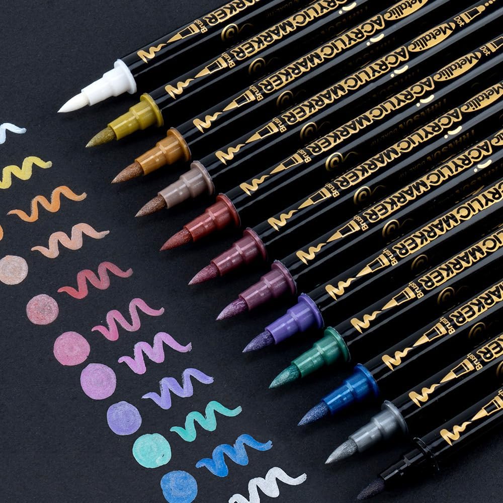 TRANSON 12Colors Metallic Paint Markers Bold and Brush Dual-tip for Rock Wood Ceramic Canvas DIY Painting Drawing