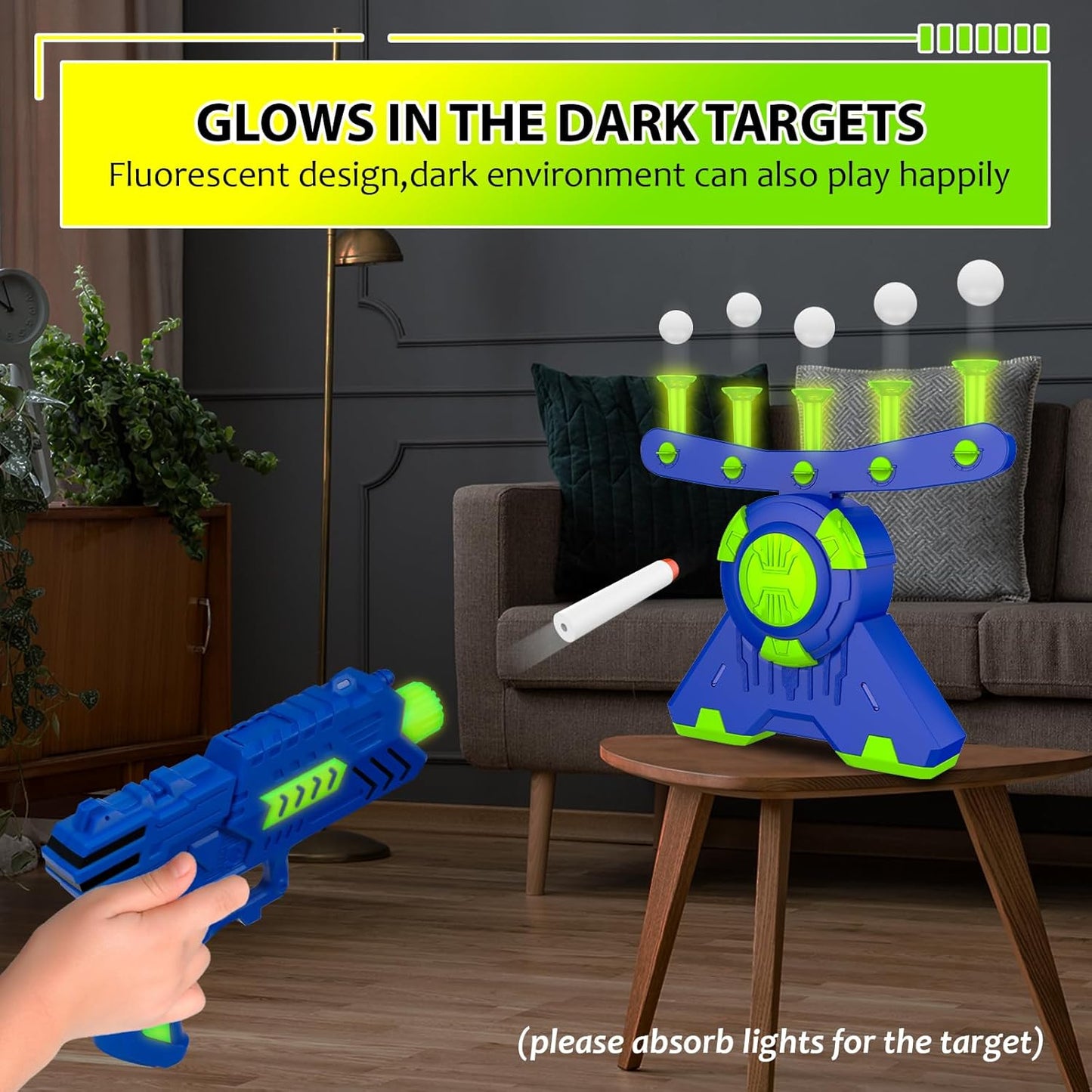 GMAOPHY Shooting Games Toy Gift for Age 5, 6, 7, 8, 9, 10+ Years Old Kids, Glow in The Dark Boy Gift Floating Ball Targets with Foam Dart Toy Blaster, 10 Balls 5 Targets