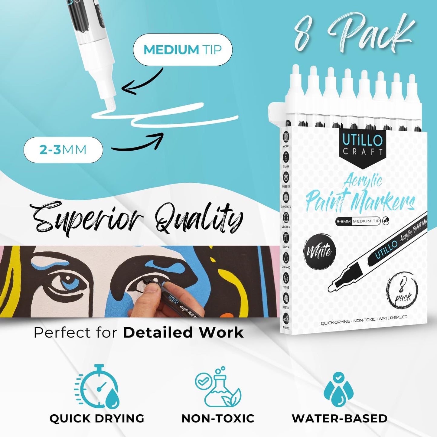 White Paint Pen (8-Pack) Medium Tip Made in Japan | Bold Color+100% Coverage | For Rock, Wood, Glass, Paper, Fabric, Canvas, Metal and More! | 2-3mm White Paint Pens | White Acrylic Paint Pens