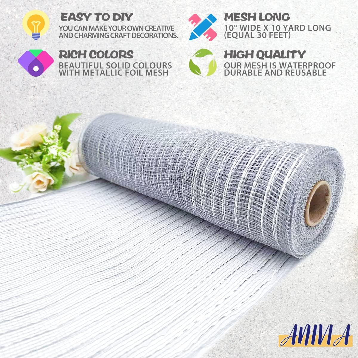 Anivia Deco Mesh Ribbon, 10inch x 30 Feet Each Roll Metallic Foil Mesh Ribbon for Wreaths Swags, Holloween, and Christmas Tree Decoration (Silver/Silver Foil)