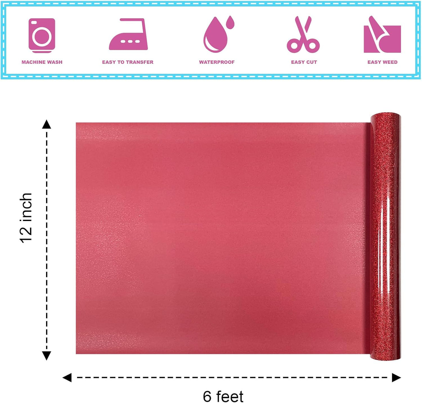 Red Glitter Heat Transfer Vinyl 12Inch*6FT Glitter Iron on Vinyl for T Shirts Easy to Cut and Weed Compatible with All Cutter Machines HTV Iron on Vinyl for Cricut(Red 12Inch*6FT)