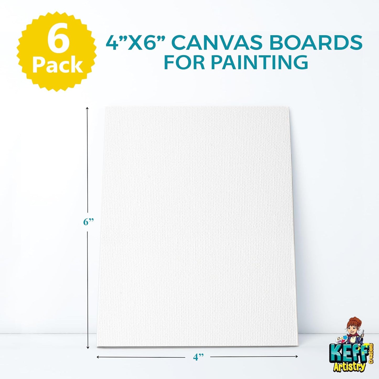 KEFF Canvas Boards for Painting - 4x6 6-Pack Bulk Canvas Panels, 100% Cotton Triple Primed Small Canvases for Painting Supplies, Acrylic, Oil, Watercolor & Tempera