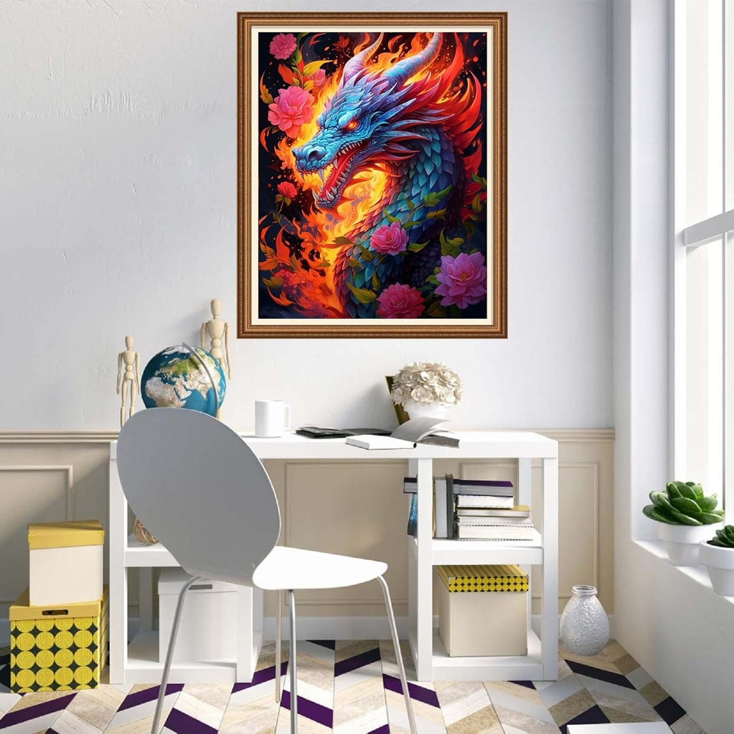 Disnesart Cross Stitch Stamped Full Embroidery Kits DIY 11CT Cotton Thread Printed DIY Needlepoint Kits Craft Needlework Set Cross-Stitch Stamped Sets-Flower Dragon 16x20 inch