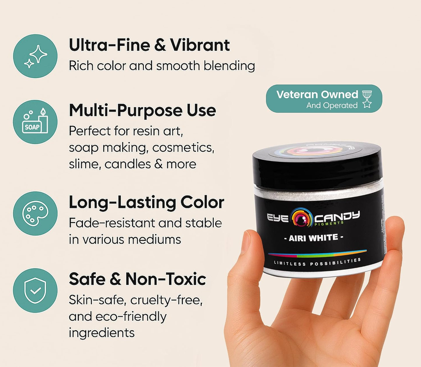 Eye Candy Pigments Premium White Mica Powder - Airi White (50gr) - for Epoxy, Resin, Soap, Paint, Woodworking, Acrylic Pouring, Bath Bombs, Fishing Lures - DIY Arts and Crafts Additive