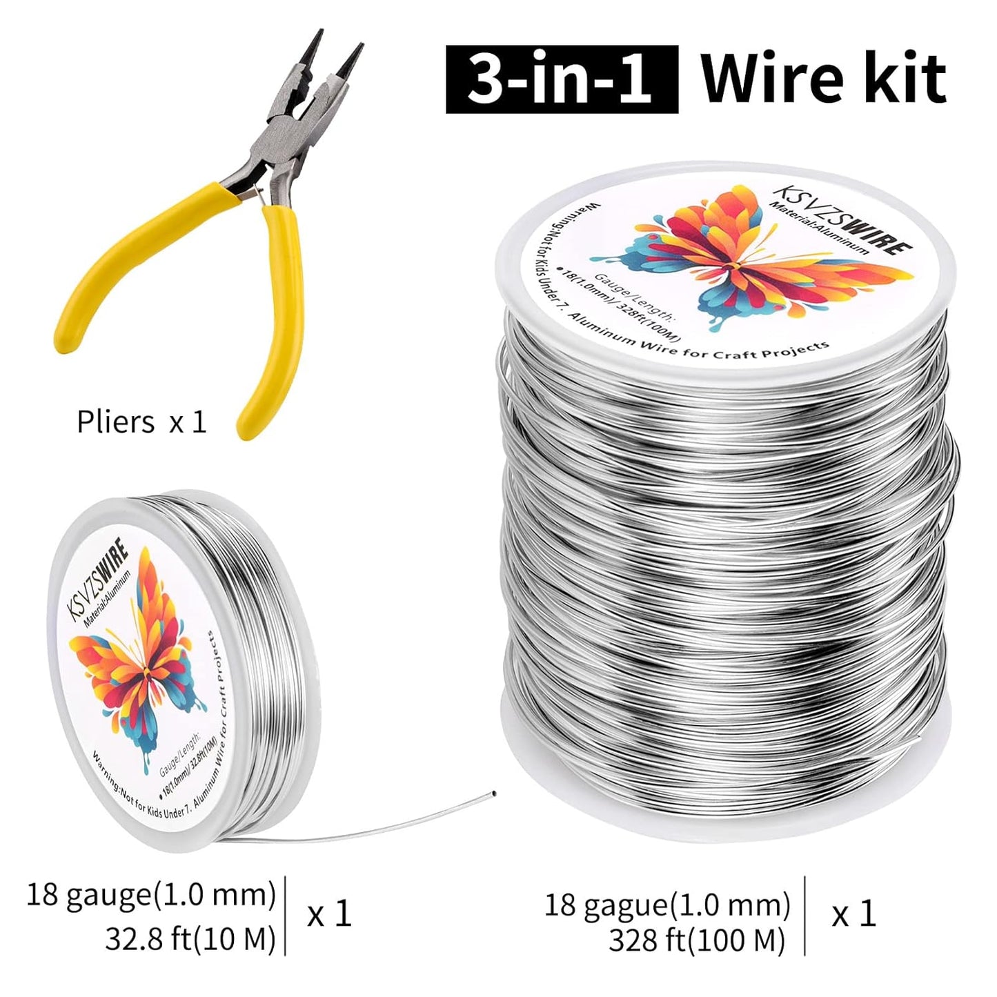 18 Gauge(1.0mm) Aluminum Wire 328 Feet(100M) KSVZS Bendable Metal Wire for Crafts, Sculpting, Armature, Jewelry Making【3-in-1】+18Gauge(1.0mm) 32.8Ft(10M)+1 Pliers(Silver)…