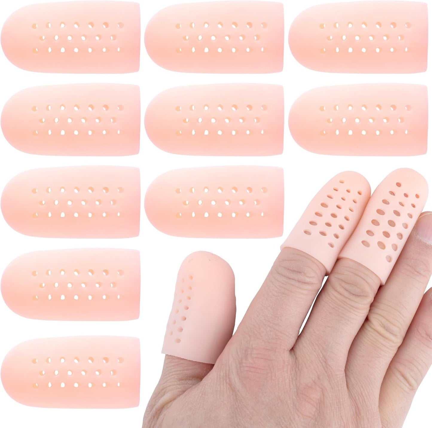 PAGOW 10pcs Gel Finger Cots/Covers, Silicone Finger Protector Support, Finger Caps Finger Sleeves Thumb Protector for Finger Cracking Trigger Finger Arthritis Pain Relief (Beige, Small)