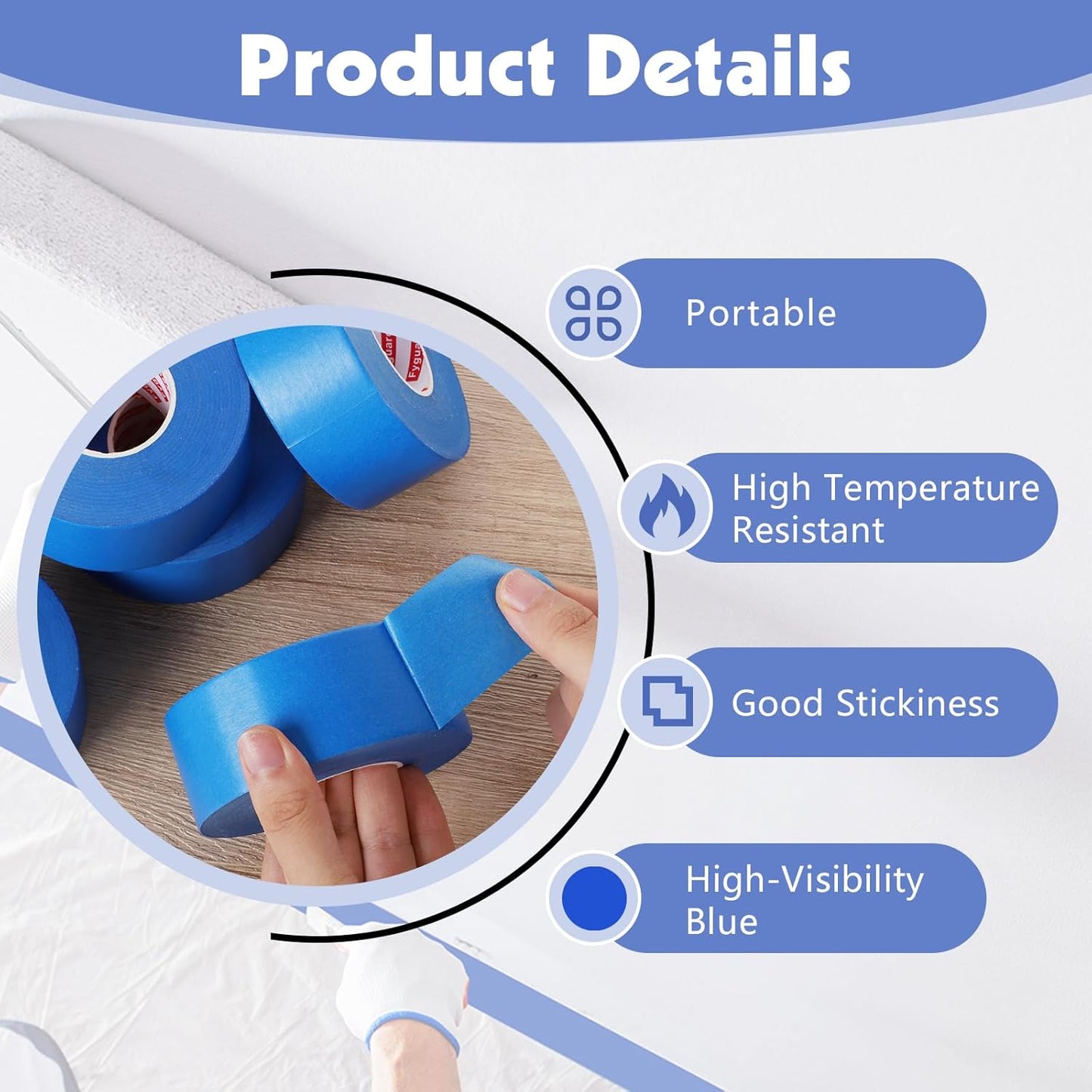 5 Rolls Blue Painters Tape 1.42In × 55Yd Wide Blue Masking Tape, Washi Tape for Wall Painting Automotive Window Trim Crafts Multi-Surface