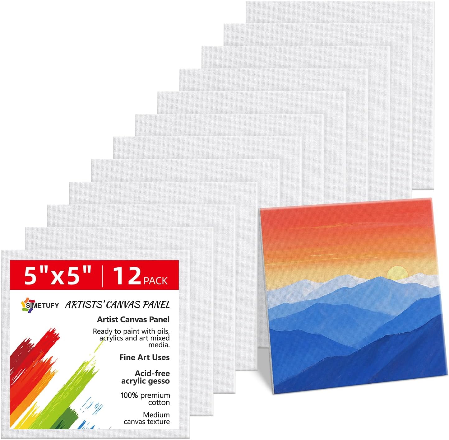 SIMETUFY 5x5 inch 12 Pack Mini Canvas Boards Primed Acid Free Mini Canvas Panels for Oil, Watercolor, Acrylic, Gouache Paint