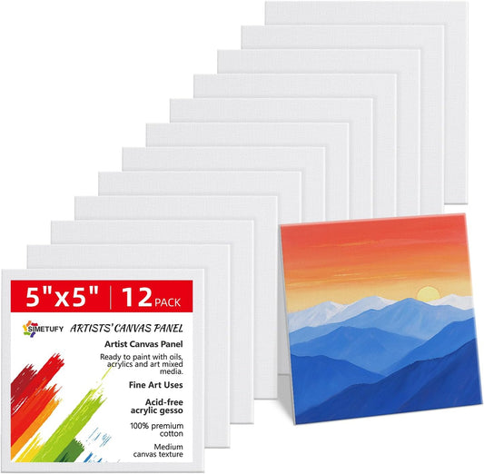 SIMETUFY 5x5 inch 12 Pack Mini Canvas Boards Primed Acid Free Mini Canvas Panels for Oil, Watercolor, Acrylic, Gouache Paint