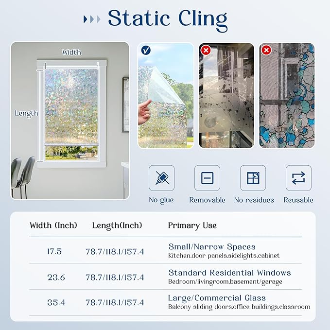 Haton Window Privacy Film Rainbow Film Stained Glass Window Clings, 3D Decorative UV Sun Blocking Sticker, Removable Static Cling Heat Control Tint for Home Door, 23.6" x 157.4" Non-Adhesive