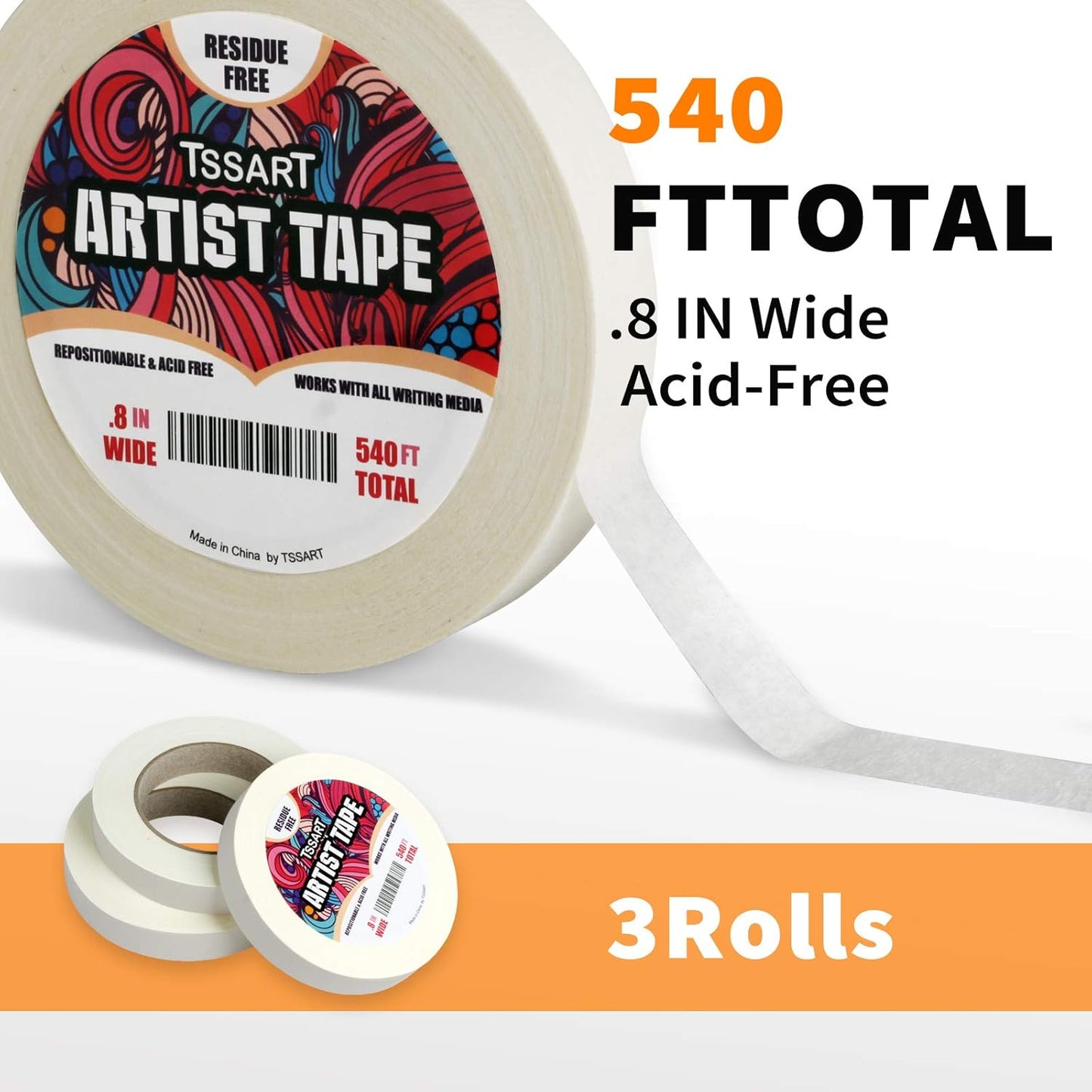 3 Pack White Artist Tape - Masking Artists Tape for Drafting Art Watercolor Painting Canvas Framing - Acid Free 0.8inch Wide 540FT Long Total