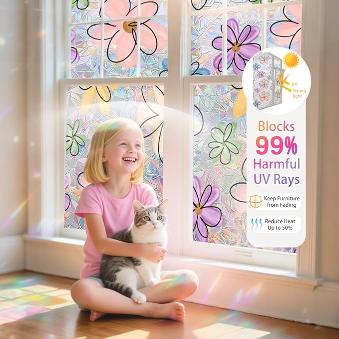Daisy Flower Stained Glass Window Film Static Cling with Tools - 23.6 x 78.7 Inch Non-Adhesive Privacy Decorative Cute Rainbow Film for Windows, Doors, Sidelights - Easy Install & Remove
