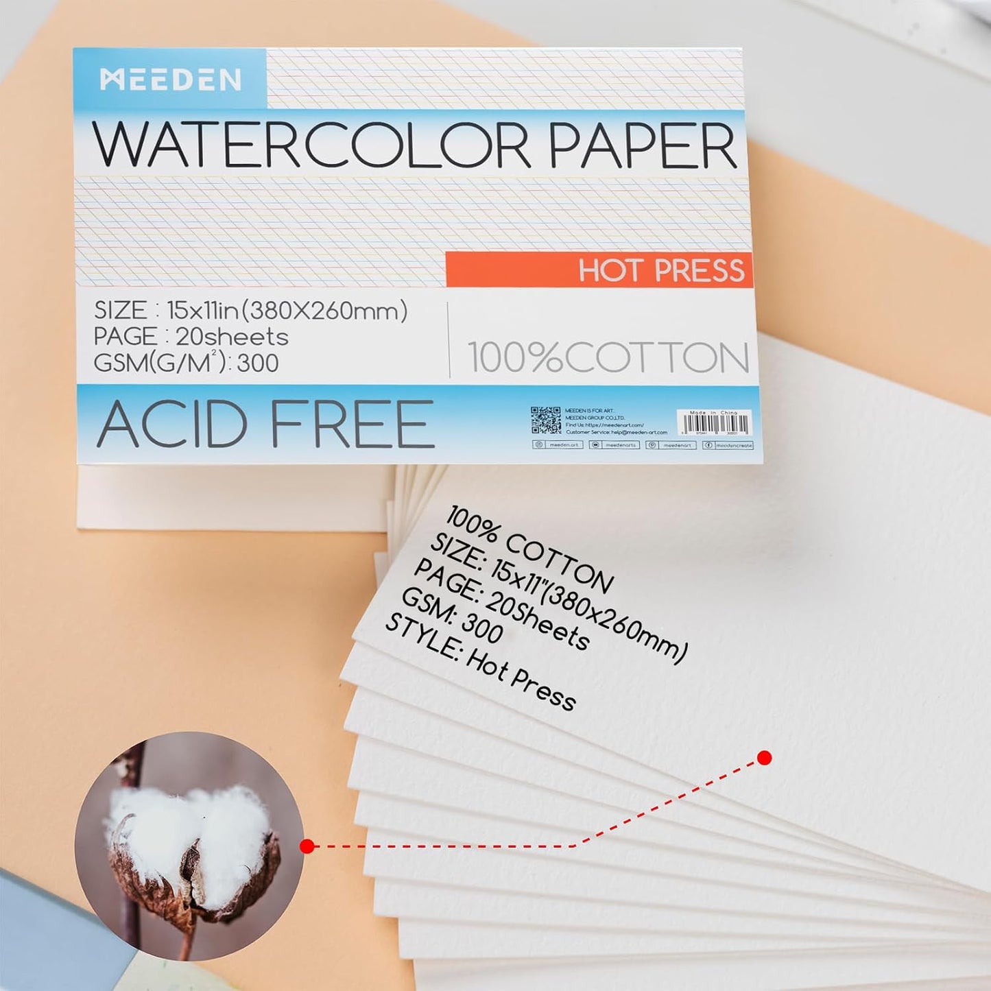 MEEDEN Watercolor Paper Block - 100% Cotton Watercolor Paper Pad of 20 Sheets, 140lb/300gsm, Acid-Free Art Paper for Watercolor Gouache Ink and More, 15" x 10" Hot Press