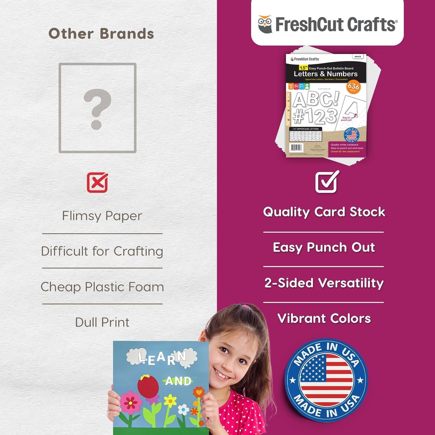 FreshCut Crafts 636 Pcs 1.5 in. White Bulletin Board Letters & Numbers, Capital Alphabet Letters, Numbers, Punctuation, US Made Card Stock Punch Out Letters for Posters, Bulletin Boards, Classroom