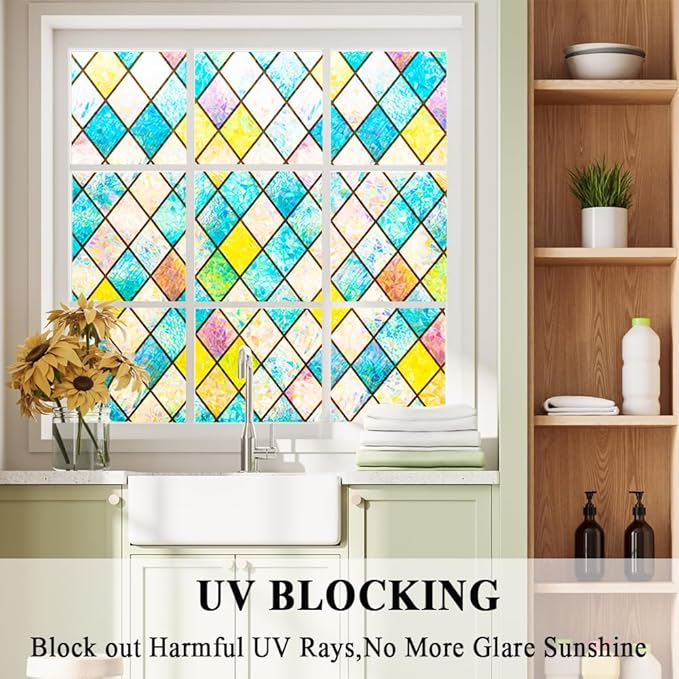 Colorful Stained Glass Window Film 3D Prism Sliding Door Privacy Covering Static Cling Church Tint Decorative Suncatcher Cover Decal No Glue Heat Cotrol Anti Glare Removable Home Office,45.2x157in.