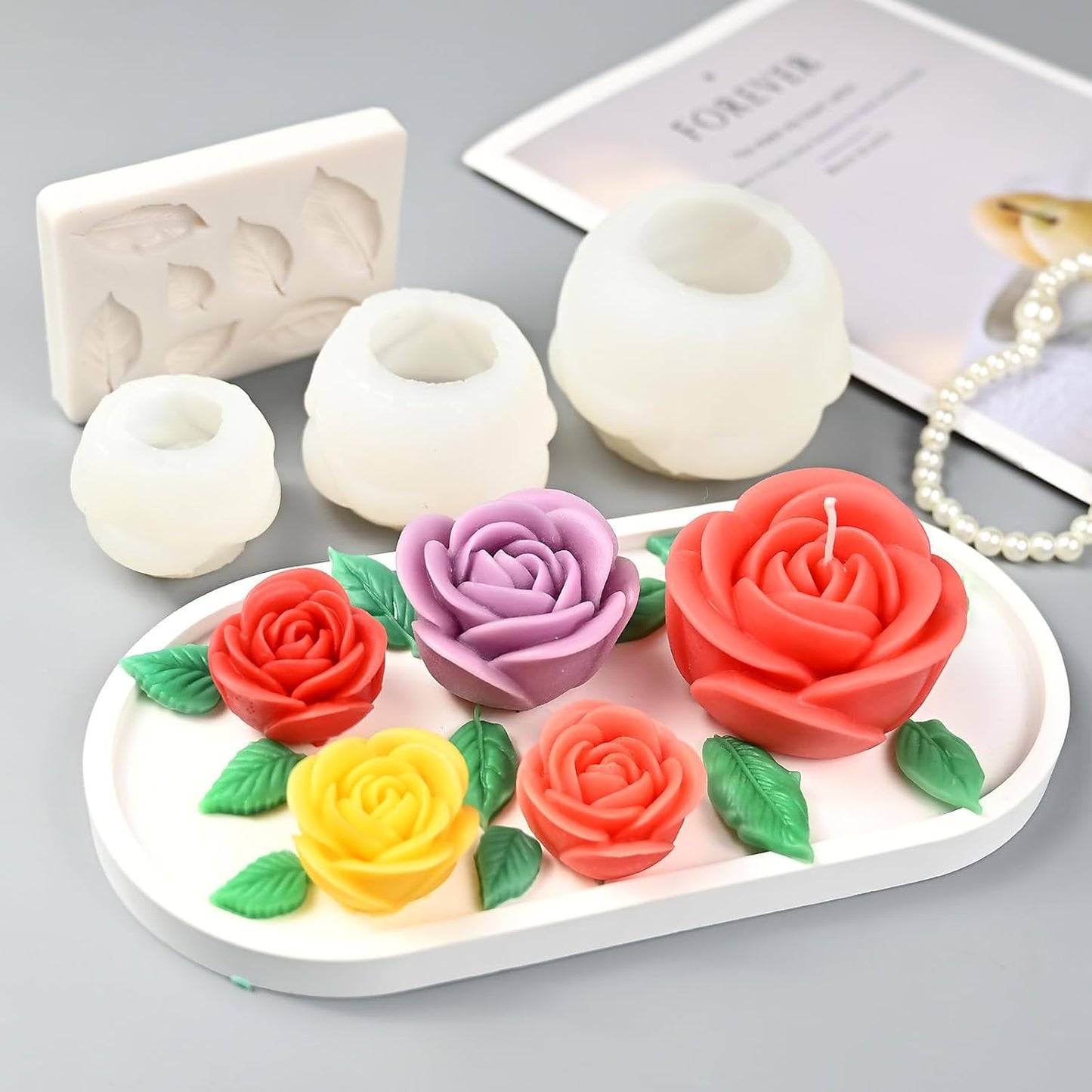 Rose Candle Molds, 4 Pcs Set of Large + Medium + Small 3D Rose Flower Silicone Molds with Leaf Mold for Candle Making, Epoxy Resin Casting, Wax Soap Clay Plaster Home Décor Handmade Gift