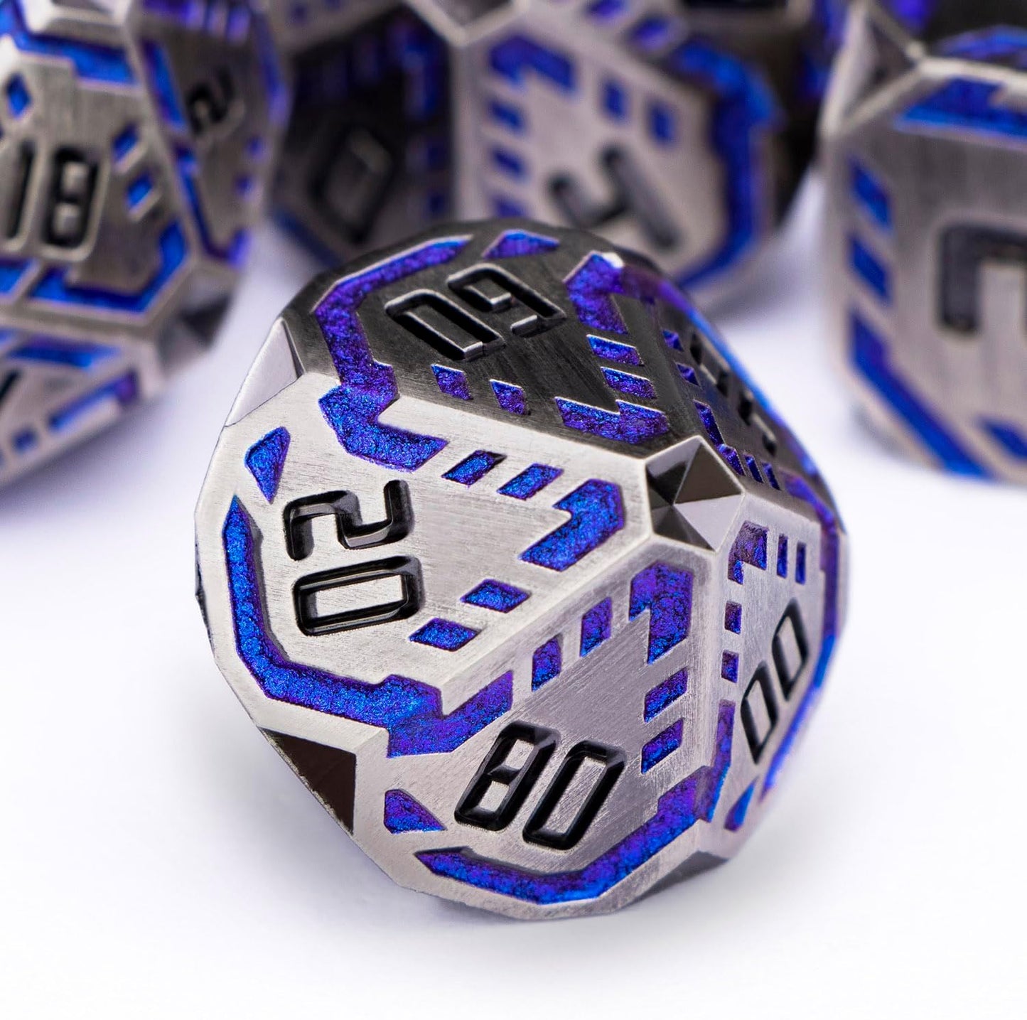 Metal DND Sci-fi Dice Set 7PCS Stripe Polyhedral Dice for Dungeons Dragons RPG Role Playing Game, Glitter D and D Dice with Gift Box D6 D8 D10 D12 D20 (Blue Purple&Grey)