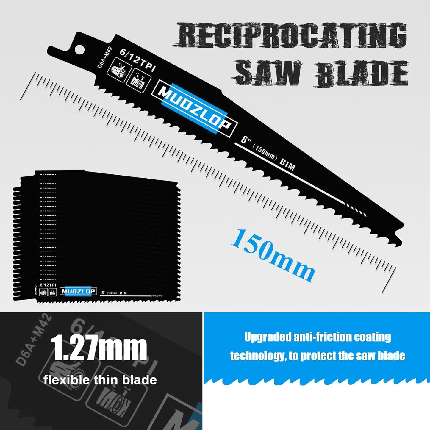 25 Pack 6inch Reciprocating Saw Blades Set,6/12TPI High Carbon Saw Blades, Metal Saw Blades with Organizer Case (25, 6/12TPI/150mm)