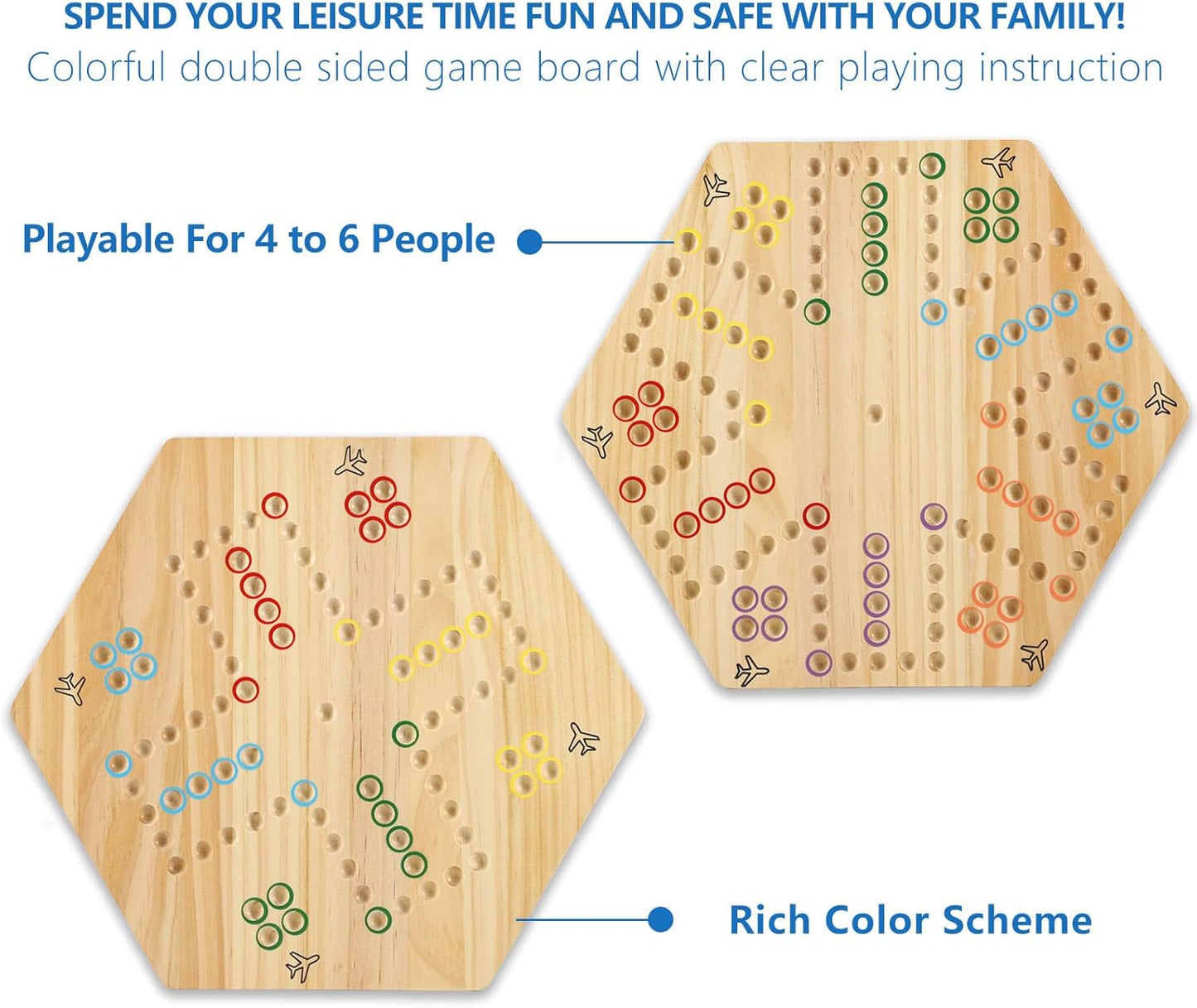 Original Marble Game Wahoo Board Game Double Sided Painted Wooden Fast Track Board Game for Family Friends and Party 6 and 4 Players 6 Colors 24 Marbles 6 Dice