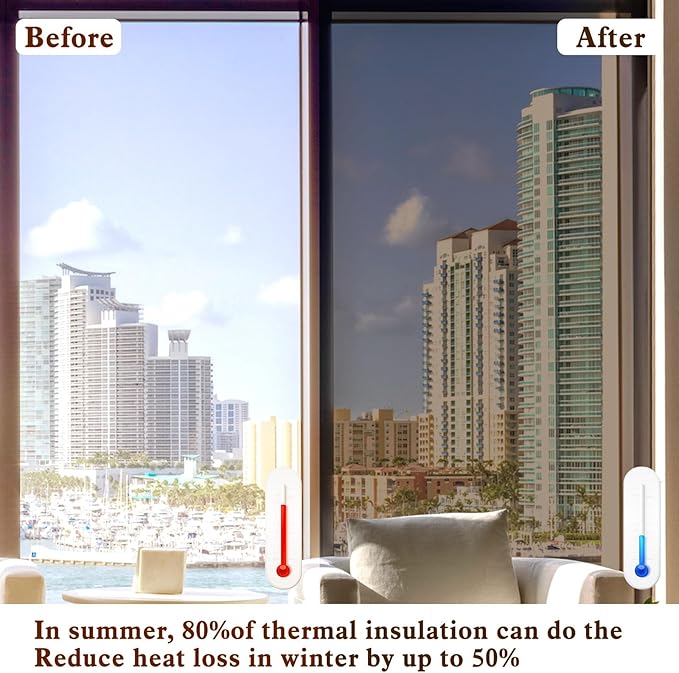 Window Privacy Film One Way Daytime Mirror Tint Treatments UV Heat Control Vinyl Stickers Sun Block Glass Paper Door Covering Reflective 35.4 Inch x 13.1 Feet Brown Silver