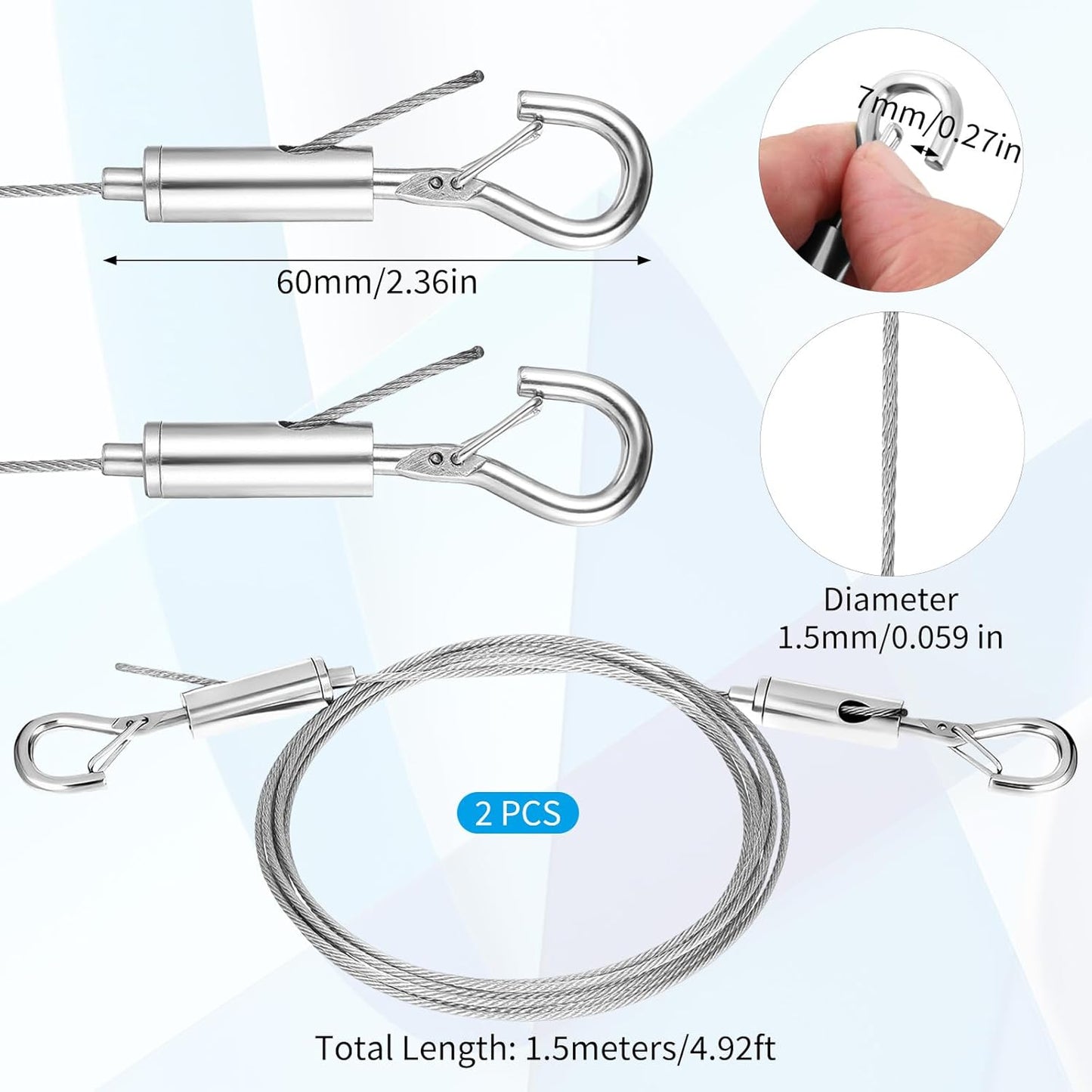 2 Pcs Heavy Duty Picture Hanging Wire Kit Adjustable Stainless Steel Wire Rope 1.5m x1.5mm Picture Frame Hang Kit with Hooks Heavy Duty Hardware Hold Up to 66lbs for Hanging Artwork Mirrors Painting