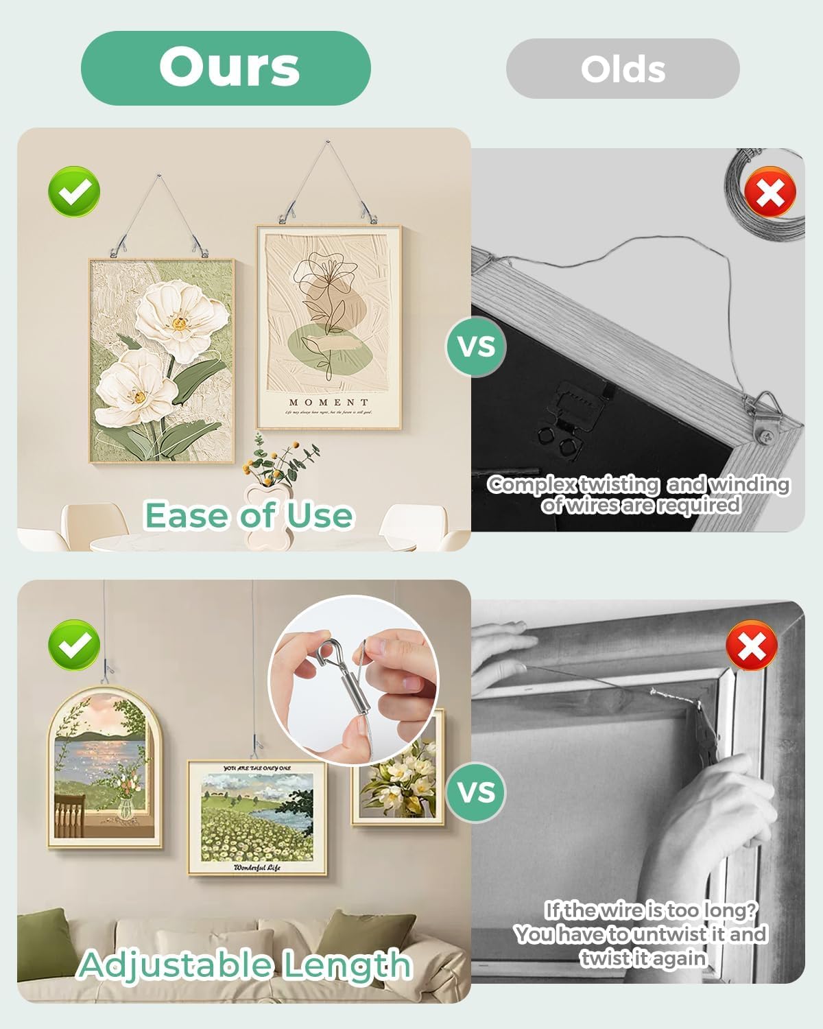 4PCS Adjustable Picture Hanging Wire 1m x 1.5mm Large Hooks, Picture Frame Wire Kit Heavy Duty 100lbs, Stainless Steel for Art, Mirror, Light Lamp, Billboards, Basket Flowerpot