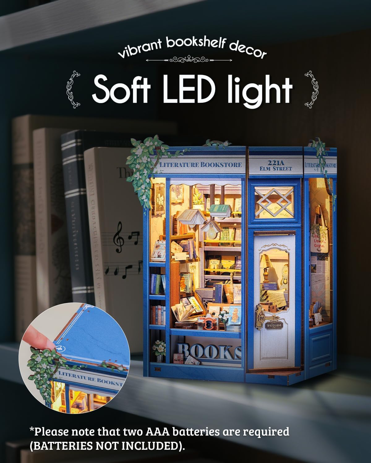 Cutefun Book Nook Kit - DIY Miniature Dollhouse Kit 3D Creative Decorative Bookend 3D Wooden Puzzle for Adults, Bookshelf Insert Library Decor with LED Light (Literature Bookstore)