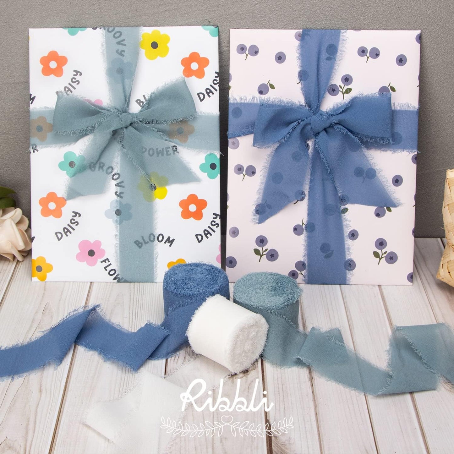 Ribbli Chiffon Silk Ribbon, 1.5 in x 30 Yards, White/Slate Blue/Dusty Blue Fringe, Wedding Invitations, Bridal Bouquets, Flower Arrangement