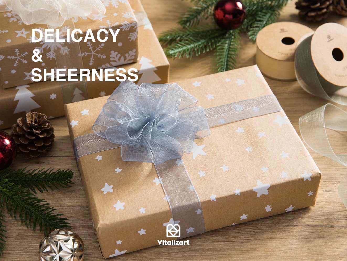 Vitalizart Organza Sheer Ribbon Set 1 inch x 30 Yd Handmade Fabric Ribbons for Gift Wrapping Christmas Tree Crafts Bows Wedding Invitations Wreaths Wrap Cream White Dusty Blue & Green