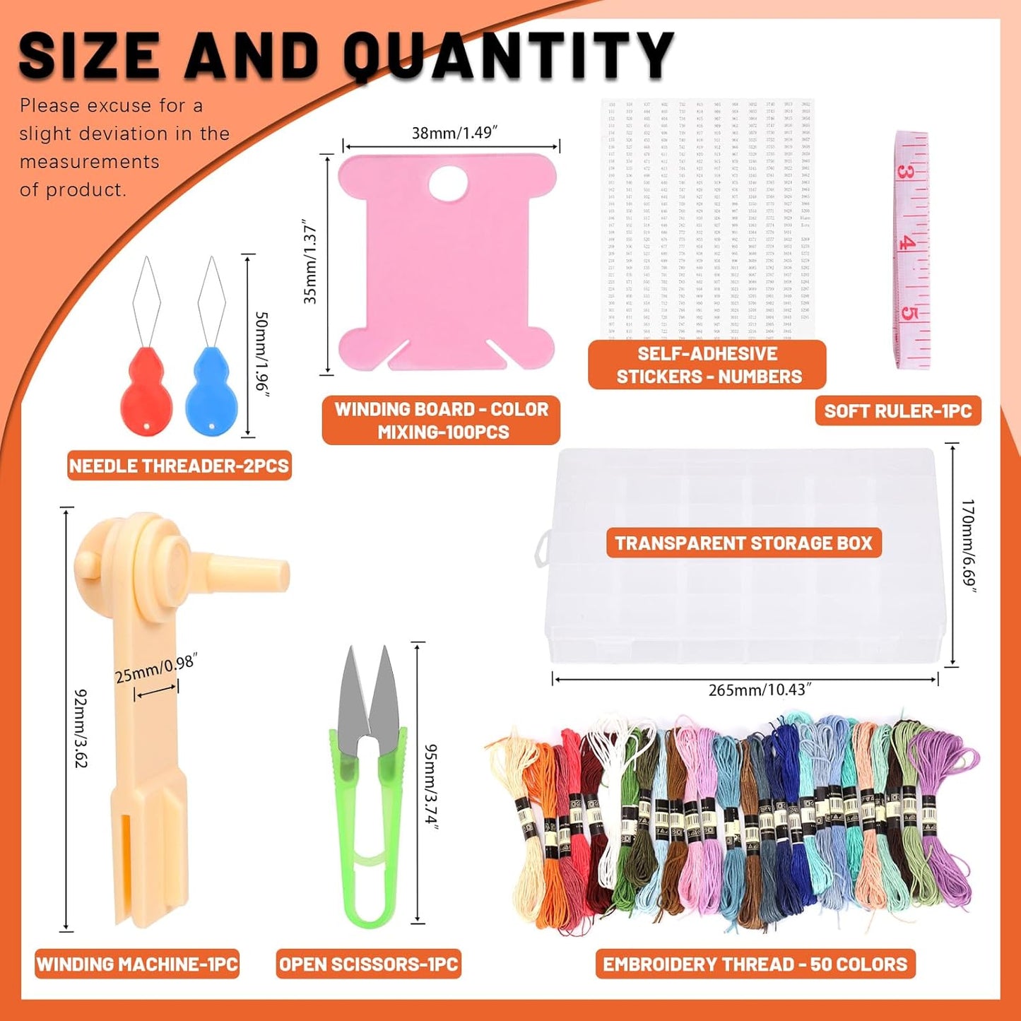 Tanstic 157Pcs Embroidery Floss Organizer Kit, Include 50 Color Embroidery Floss, Floss Bobbins, Bobbin Winder, Stickers, Needle Threader, Ruler, Scissor with 36 Compartments Jewelry Storage Box