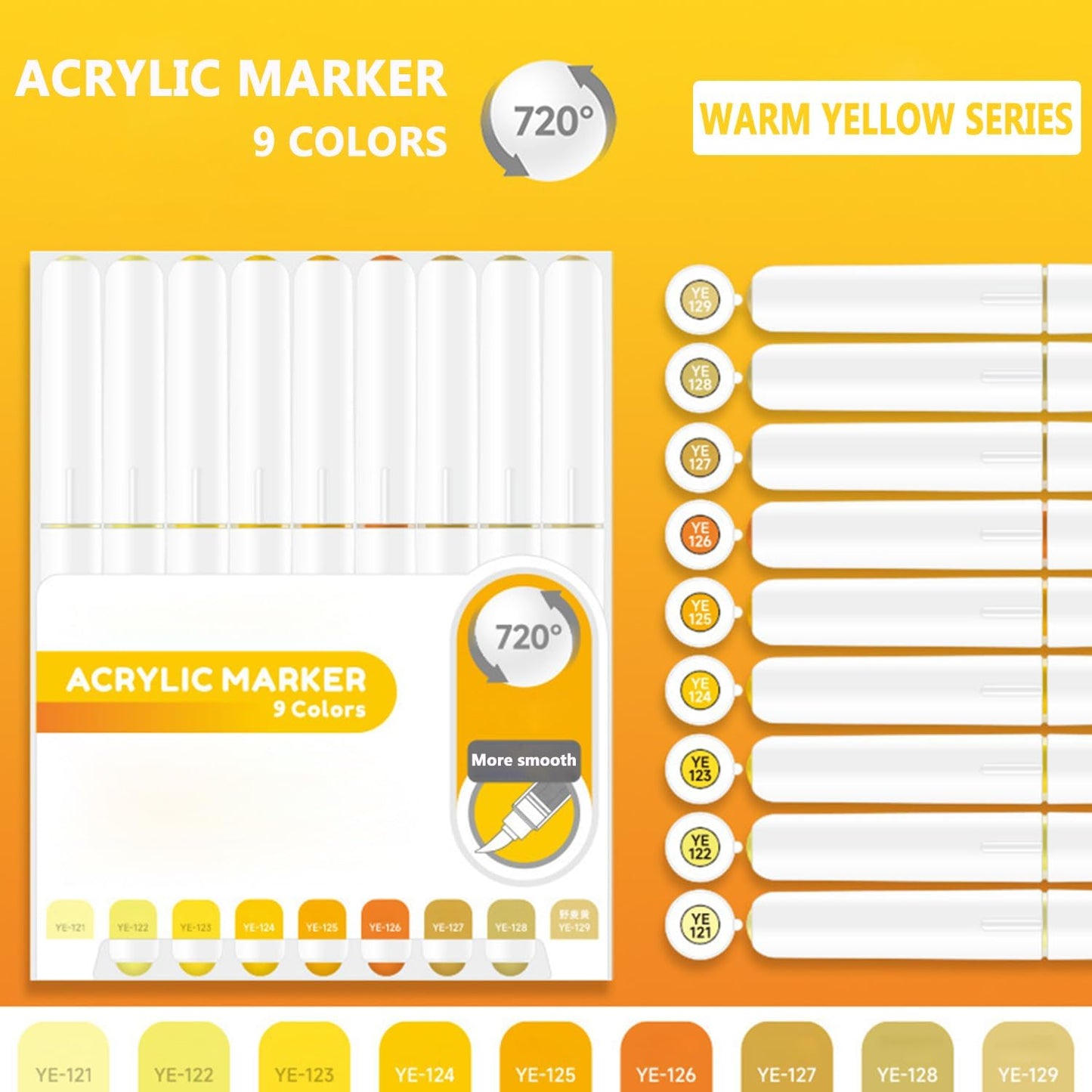 Water Based Acrylic Paint Markers, 9 Colors Acrylic Paint Pens Set with Soft Brush Tip, Marker Pen for Rock Painting, Egg, Wood, Glass, Paper, Acrylic Painter Ink (Warm Yellow Series)