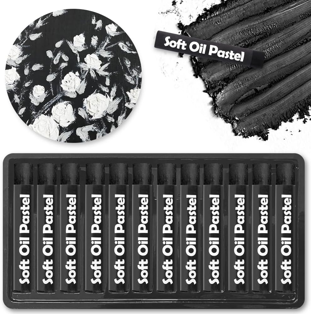 Mifuner Soft Oil Pastels Set (12 Sticks), Single Colors Heavy Oil Pastels Vibrant and Creamy,Pastel Art Supplies for Artists,Gallery Oil Painting Stick,Beginners,Adult Art Drawing Black