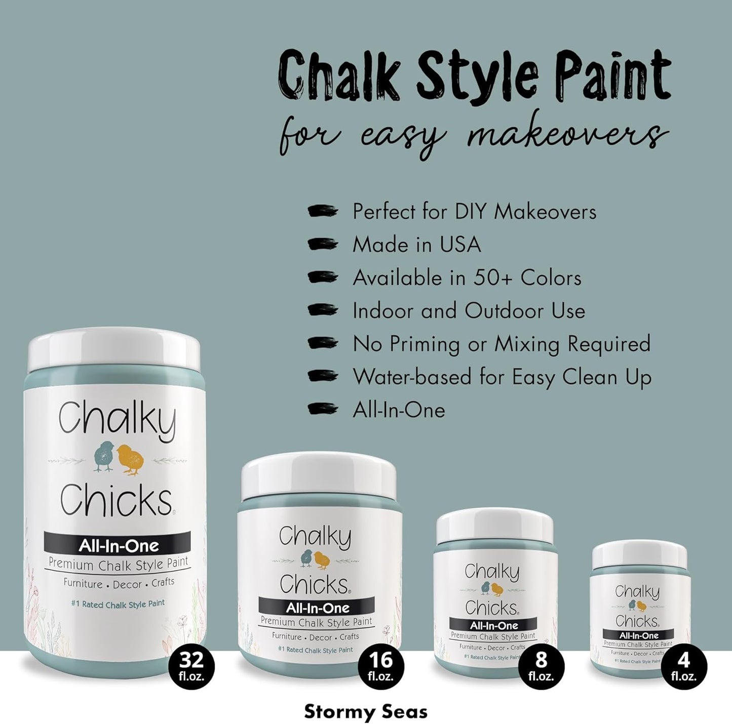 Chalky Chicks All-in-One Chalk Paint for Furniture or Cabinet - 4Fl Oz - Matte Finish Stormy Seas (Light Blue) for Metal, Wood Furniture Paint - No Sanding All-in-One for Home Decor & Crafts, USA Made