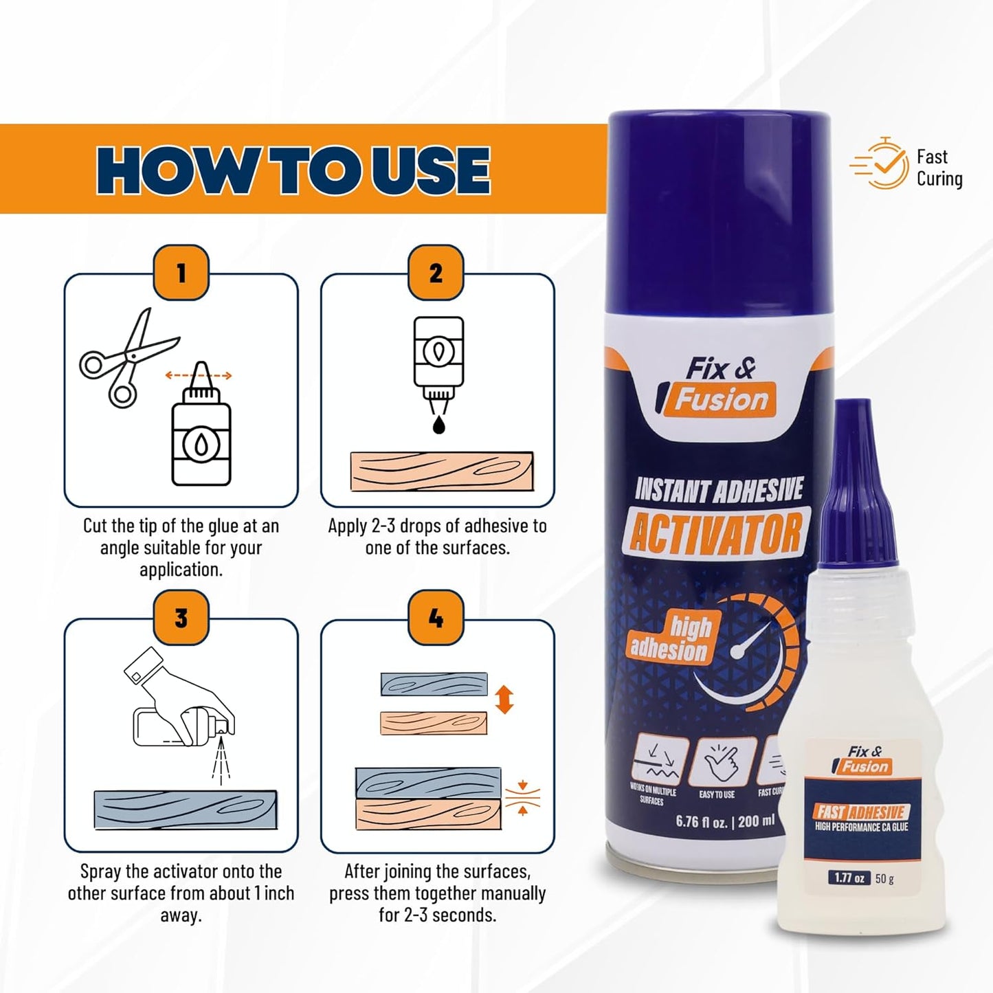 FIX & FUSION Ca Super Glue (1.77 Oz) with Activator Spray (6.76 Fl Oz) Set, Fast Adhesive/Cyanoacrylate Glue & Instant Activator for Woodworking, Plastic, Rubber, Granite, DIY & Industrial, (1 Pack)