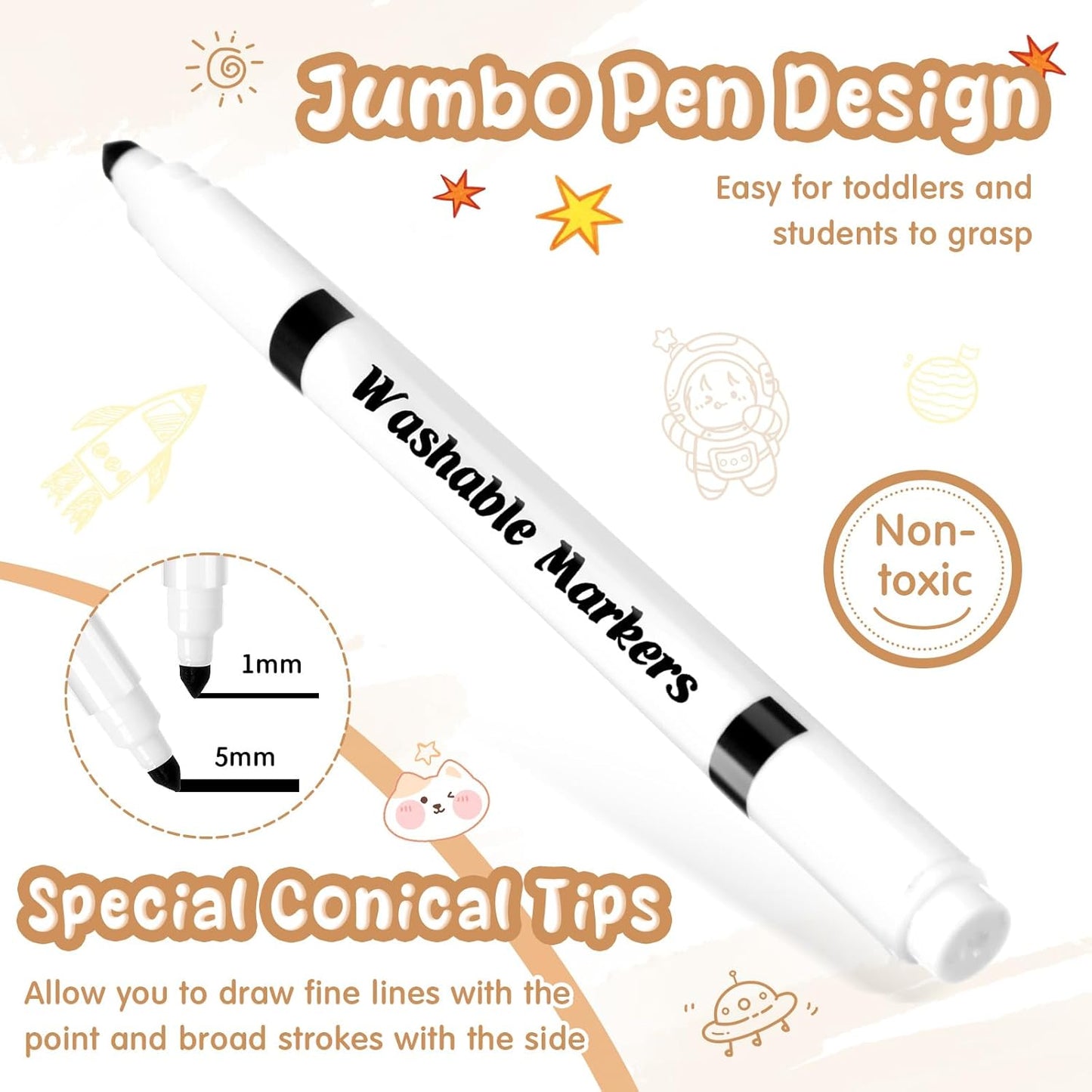 18 Pcs Line Washable Markers Bulk Black Fine Tip Markers Set Coloring Thin Tip Drawing Washable Pen for Kids Art School Classroom Back to School Gender Reveal Party Supplies, Ages 6+