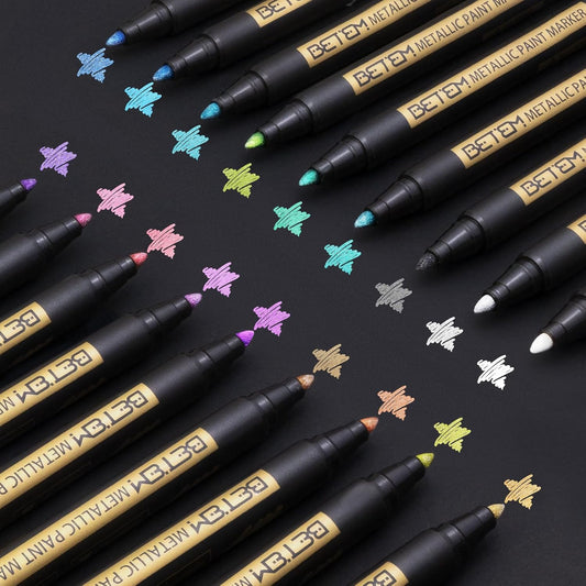 Betem Metallic Paint Markers, 18 Colors Acrylic Paint Metallic Markers for Black Paper, 2mm Medium Tips Glitter Pens Scrapbooking Supplies, Pumpkin Painting Kit for Rock Painting, Cards, Photo Albums