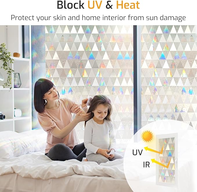 LUTE Window Privacy Film, Decorative Stained Glass Rainbow Window Clings, Sun Blocking Glass Covering, Renter-Friendly Static Cling Sticker Frosted Decals for Home Door Office, 35.4" x 118.1"