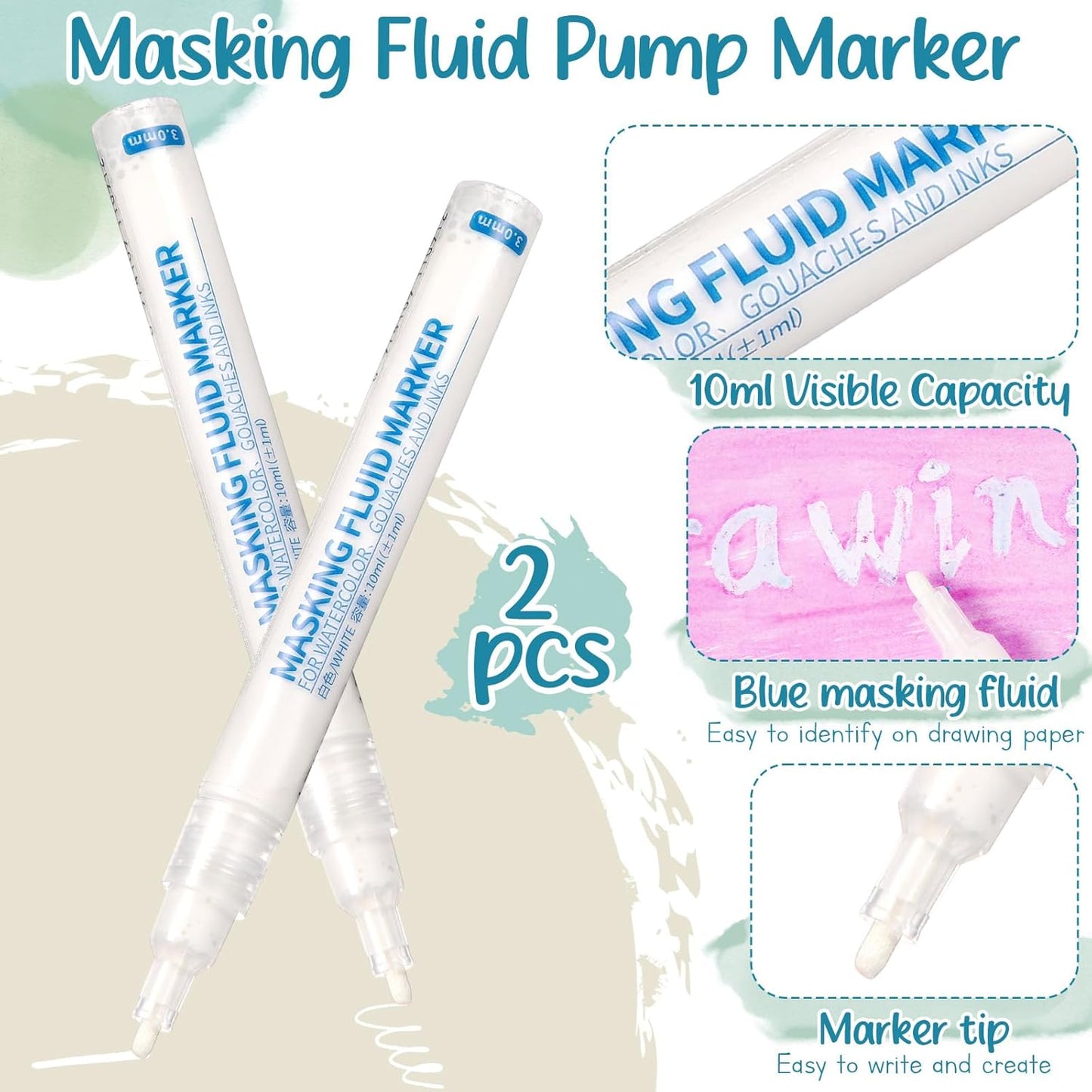 2 Pcs Masking Fluid Pen for Watercolor Painting, Capacity with Applicator Tip, Masking Fluid Marker for Various Art Projects Watercolor Ink(White,3mm)