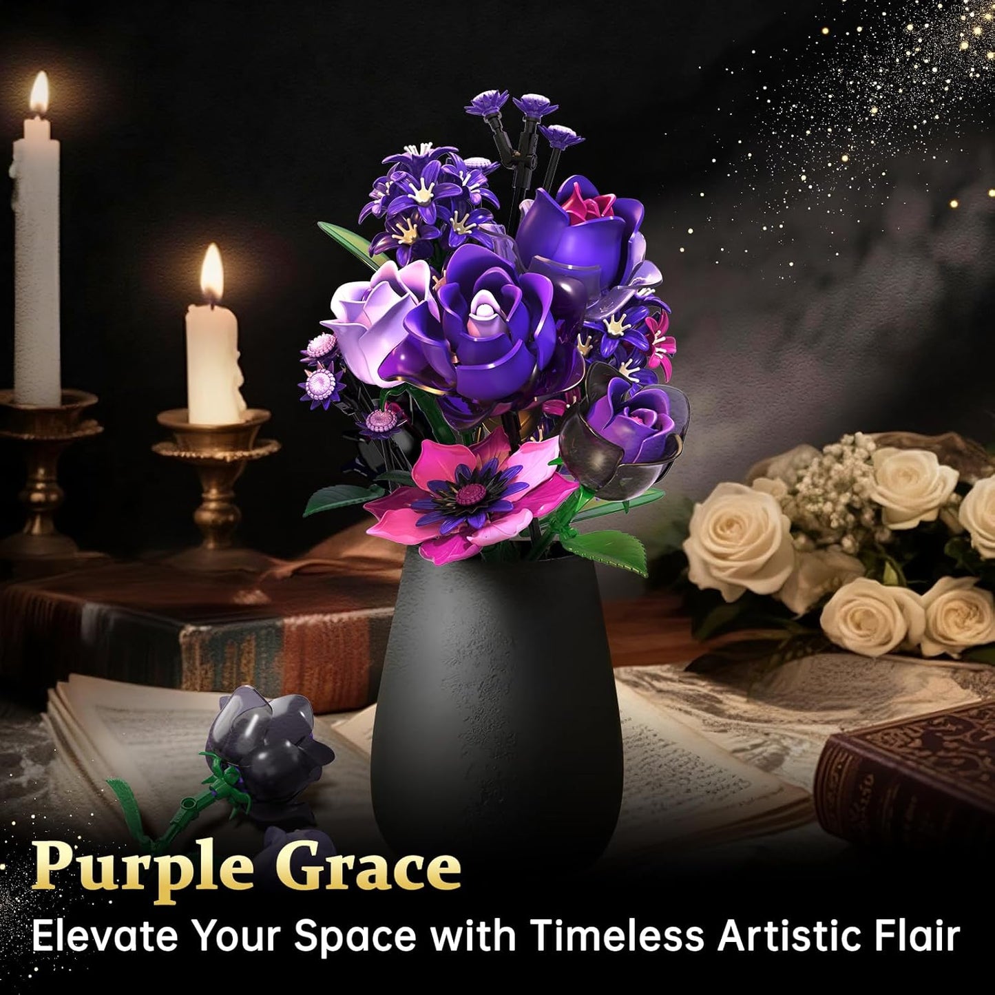 Gothic Rose Bouquet Building Set, Compatible with Lego Flowers, Halloween Botanical Collection for Home Decor, Creative Gifts for Valentine’s Day, Birthday & Teen Girl Gifts