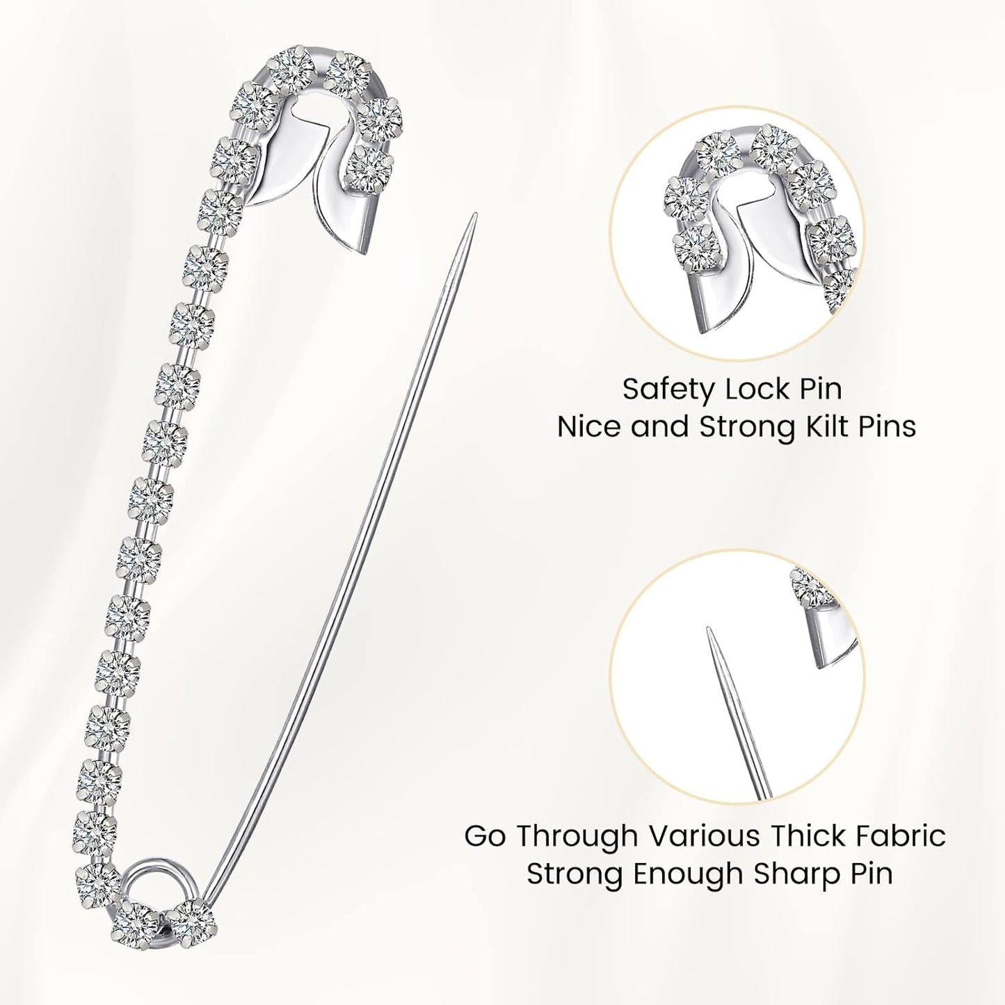 Housweety 10 Silver Tone Rhinestone Safety Pins Brooches 5.8x1.2cm