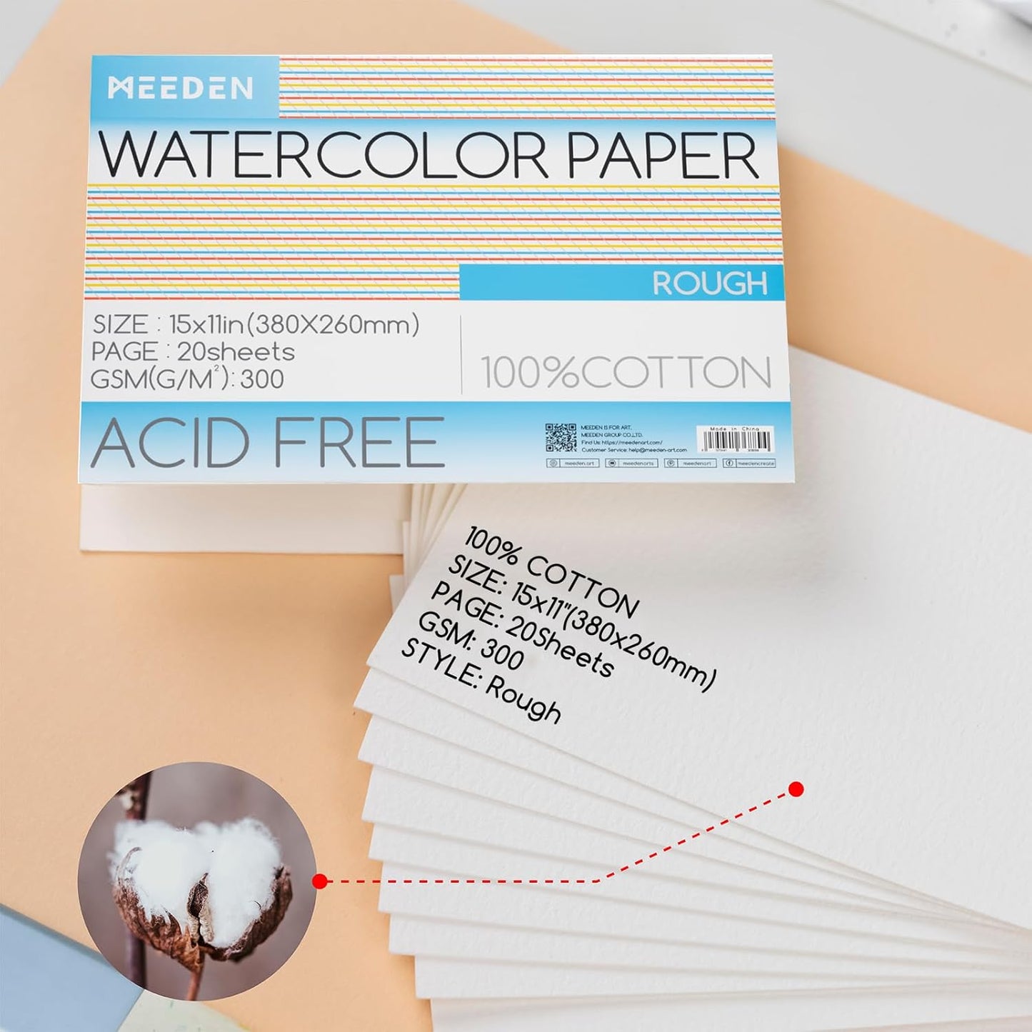MEEDEN Watercolor Paper Block - 100% Cotton Watercolor Paper Pad of 20 Sheets, 140lb/300gsm, Acid-Free Art Paper for Watercolor, Gouache, Ink and More, 15" x 10" Rough